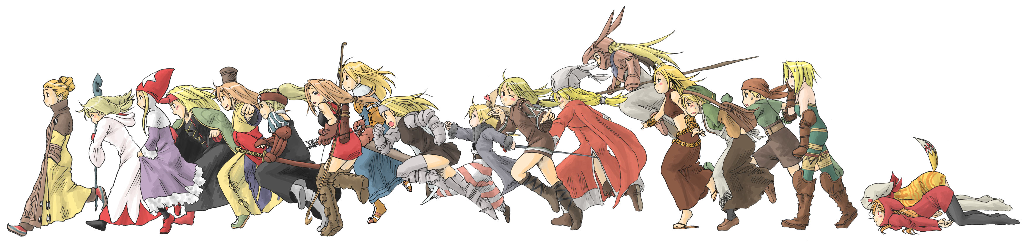 abekawa, archer (fft), arithmetician (fft), black mage (fft), black mage (final fantasy), chemist (fft), dancer (fft), dragoon (fft), dragoon (final fantasy), geomancer (fft), knight (fft), mime (fft), monk (fft), mystic (fft), ninja (fft), orator (fft), samurai (fft), squire (fft), summoner (fft), thief (fft), time mage, time mage (fft), white mage (fft), white mage (final fantasy), final fantasy, final fantasy tactics, square enix, black footwear, black mage, brown footwear, pink footwear, striped, white mage, absurdres, highres, long image, wide image, 6+girls, armor, armored boots, arrow (projectile), bag, bandana, bare shoulders, belt, black dress, black leggings, blonde hair, blush, blush stickers, boots, bow (weapon), breasts, brown dress, brown gloves, brown hair, brown skirt, cape, closed eyes, crop top, dragoon, dress, everyone, from side, furry, gauntlets, gloves, green shirt, hair bun, hand in pocket, hat, headband, heart, helmet, holding, holding weapon, hood, jumping, leggings, long dress, long hair, long skirt, long sleeves, looking at viewer, looking to the side, lying, midriff, multiple girls, no shoes, one eye closed, open mouth, orange hair, pointing, pointing at viewer, polearm, ponytail, profile, puffy sleeves, purple dress, red dress, red eyes, running, sandals, shadow, sheath, sheathed, shirt, shoes, short dress, short hair, short sleeves, shorts, simple background, single hair bun, skirt, sleeveless, sleeveless dress, sleeveless shirt, spear, staff, sweat, sword, tail, thigh boots, thighhighs, top-down bottom-up, walking, weapon, white background, wink, zettai ryouiki