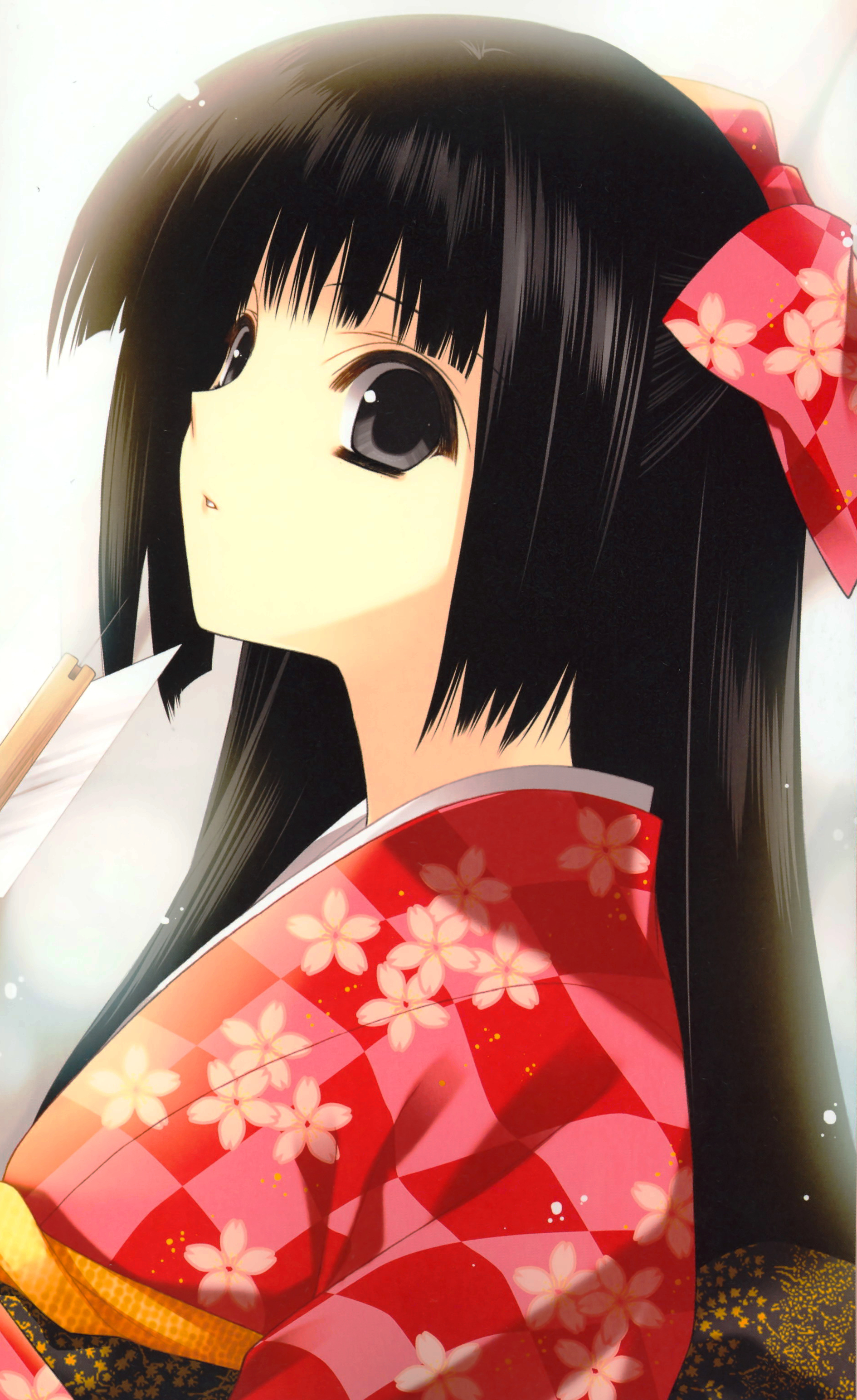 suzuhira hiro, absurdres, highres, non-web source, scan, 1girl, black hair, female focus, hair ribbon, japanese clothes, kimono, long hair, red kimono, ribbon, solo, yukata