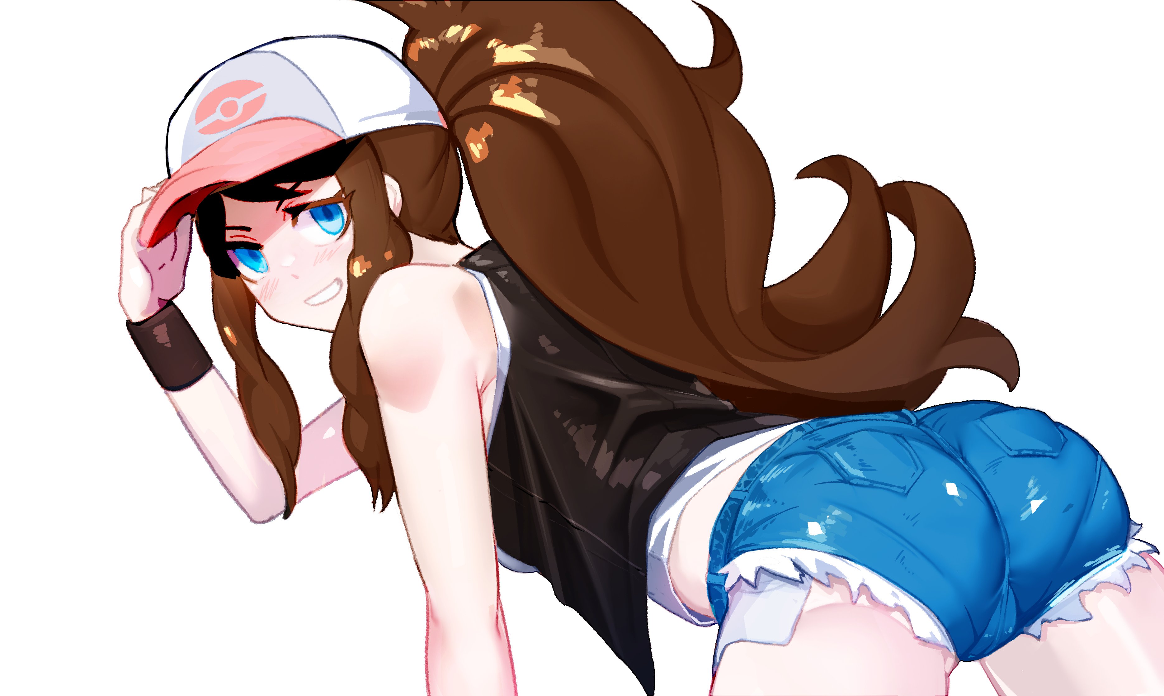 cell (fu cell), hilda (pokemon), nintendo, pokemon, pokemon bw, absurdres, highres, 1girl, armpit crease, ass, baseball cap, bent over, black vest, blue eyes, brown hair, denim, denim shorts, from behind, grin, hair through headwear, hat, long hair, looking at viewer, looking back, poke ball print, short shorts, shorts, sidelocks, simple background, smile, solo, tank top, very long hair, vest, white background, white tank top, wristband