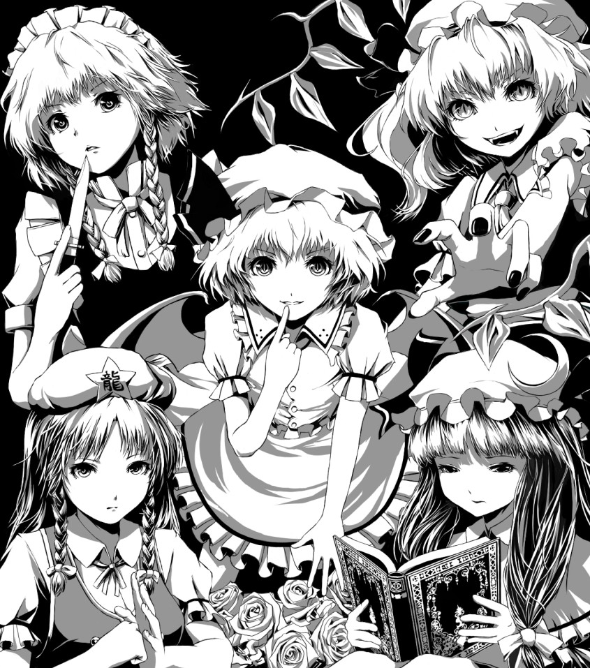 fuji hyorone, flandre scarlet, hong meiling, izayoi sakuya, patchouli knowledge, remilia scarlet, embodiment of scarlet devil, touhou, bad id, bad pixiv id, 5girls, bat wings, book, braid, cupping hands, fangs, female focus, flower, greyscale, hat, knife, maid, mob cap, monochrome, multiple girls, own hands together, plant, ribbon, short hair with long locks, side braid, throwing knife, twin braids, upper body, weapon, wings