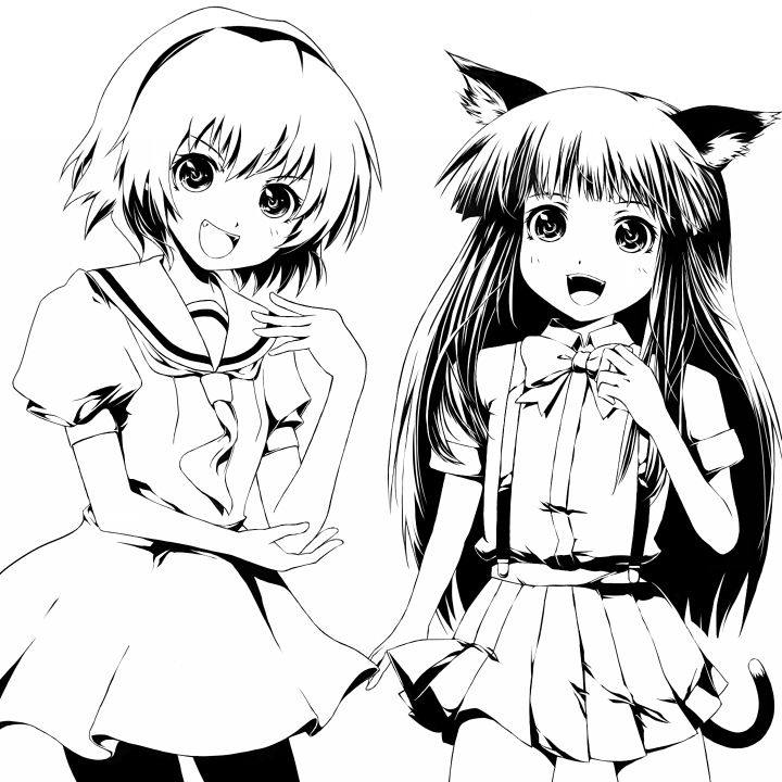 fuji hyorone, furude rika, houjou satoko, higurashi no naku koro ni, bad id, bad pixiv id, 00s, animal ears, greyscale, monochrome, pantyhose, school uniform, serafuku, skirt, smile, tail