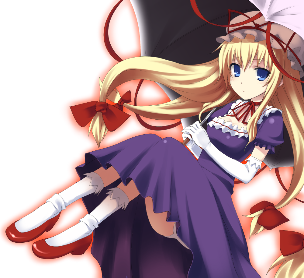 doriruman, yakumo yukari, touhou, white legwear, 1girl, blonde hair, blue eyes, dress, elbow gloves, female focus, gloves, hat, long hair, panties, pantyshot, parasol, red shoes, ribbon, shoes, solo, umbrella, underwear, white gloves