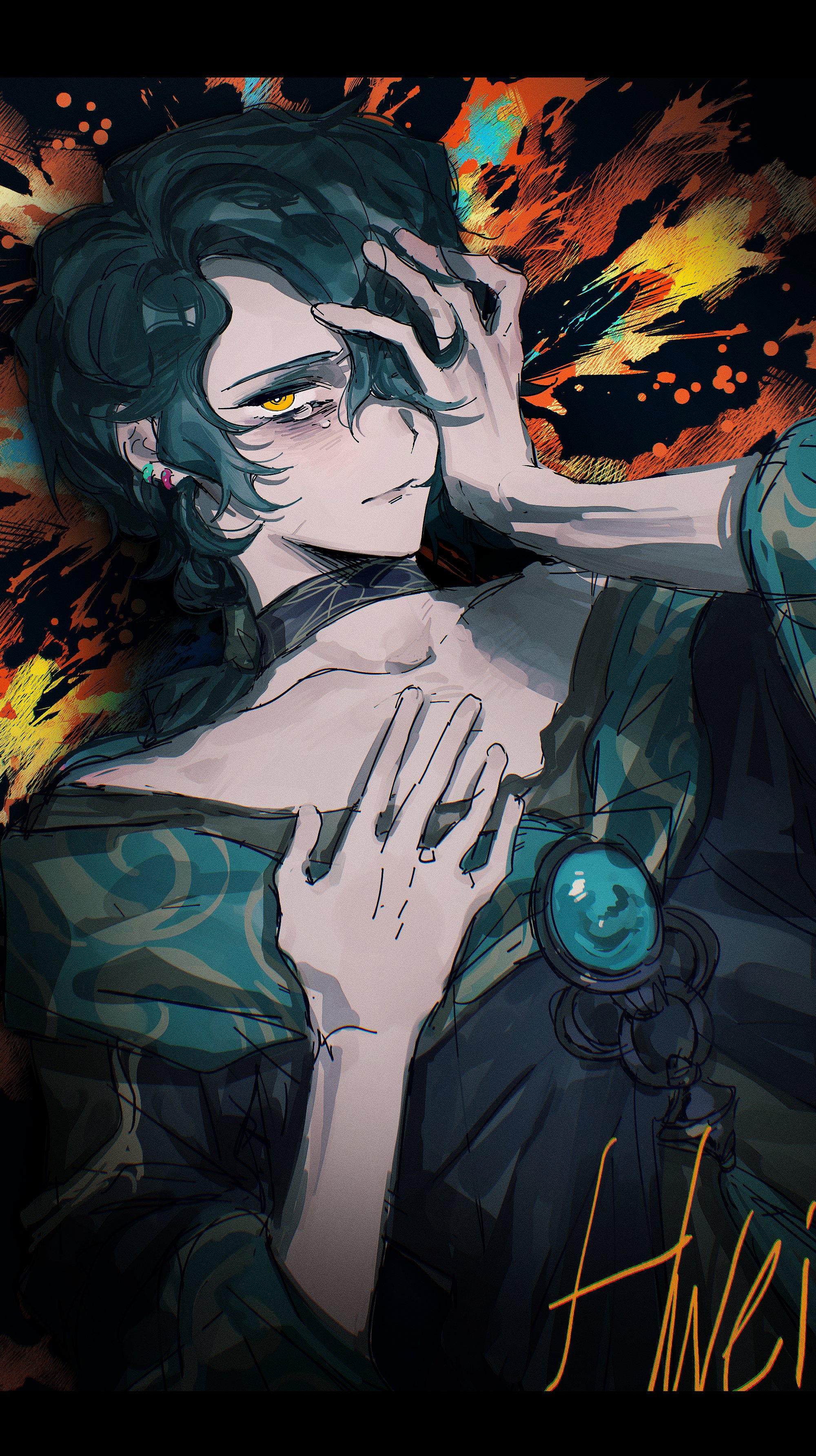 keeta, hwei (league of legends), league of legends, absurdres, highres, 1boy, black background, character name, choker, closed mouth, covering one eye, crying, crying with eyes open, green hair, hair over one eye, hand on own chest, hand on own face, jewelry, letterboxed, long hair, long sleeves, looking at viewer, lying, male focus, on back, orange eyes, solo, tearing up, tears, upper body, yellow eyes