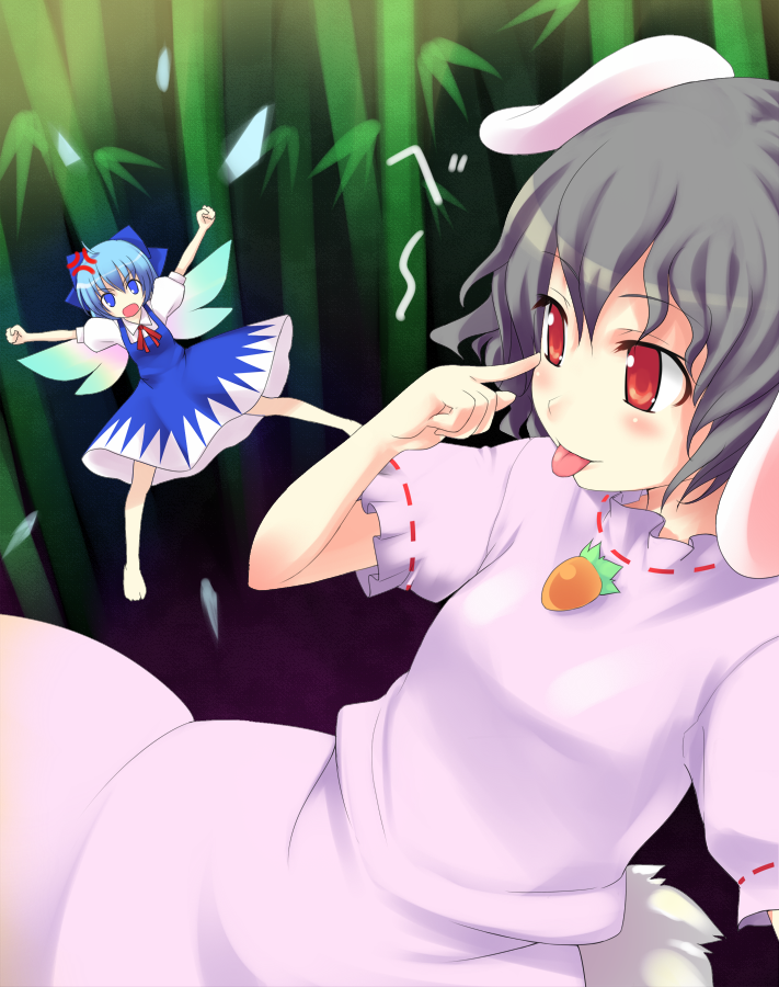 doriruman, cirno, inaba tewi, touhou, 2girls, :p, angry, animal ears, barefoot, black hair, blue eyes, blue hair, female focus, multiple girls, rabbit ears, red eyes, short hair, tongue, tongue out, wings