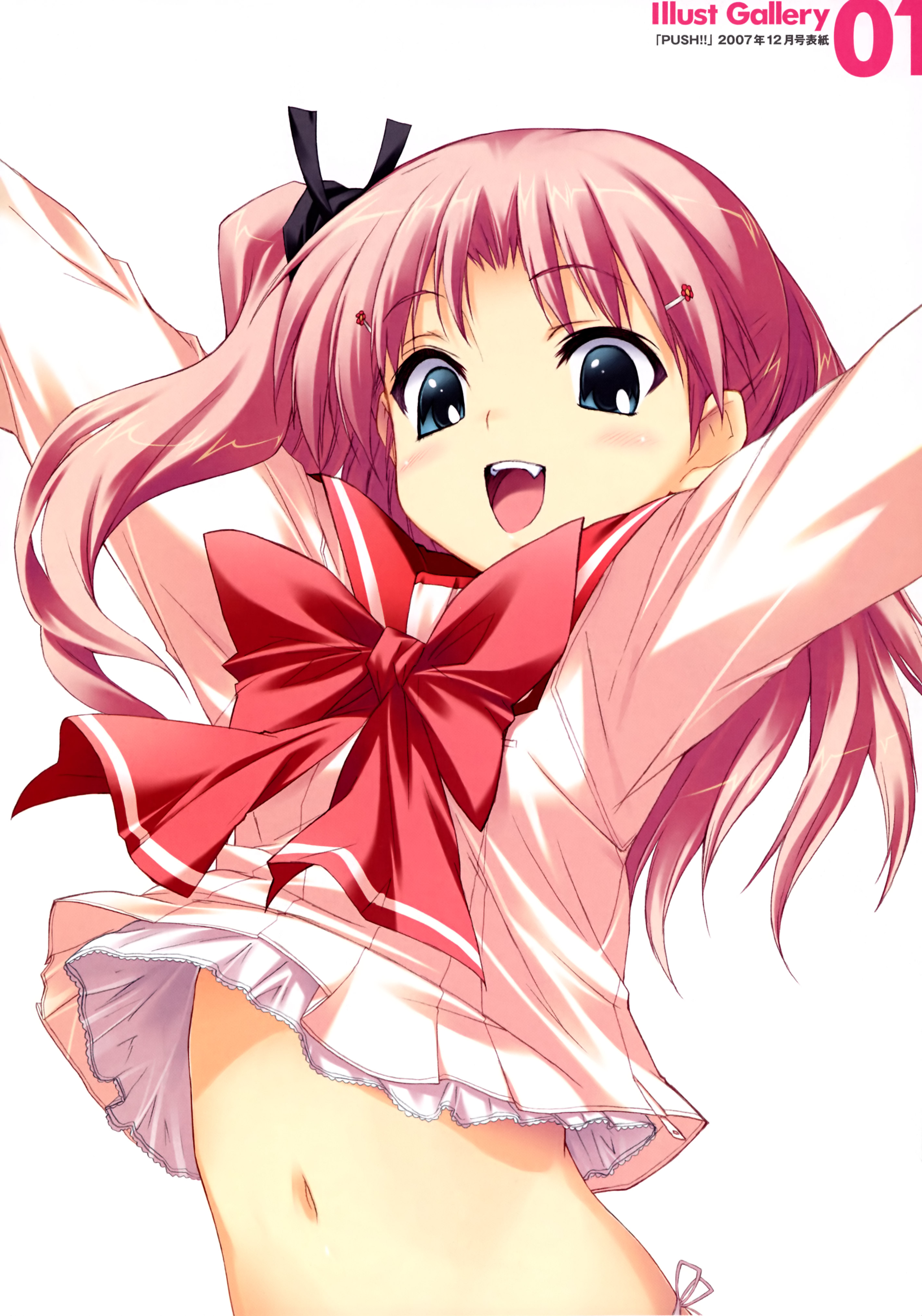 kawata hisashi, maaryan (to heart), to heart (series), to heart 2, absurdres, highres, 00s, 1girl, arms up, blue eyes, bottomless, camisole, fang, female focus, hair ornament, hair ribbon, hairclip, navel, no pants, o/, outstretched arms, panties, pink hair, ribbon, school uniform, serafuku, side-tie panties, solo, underwear