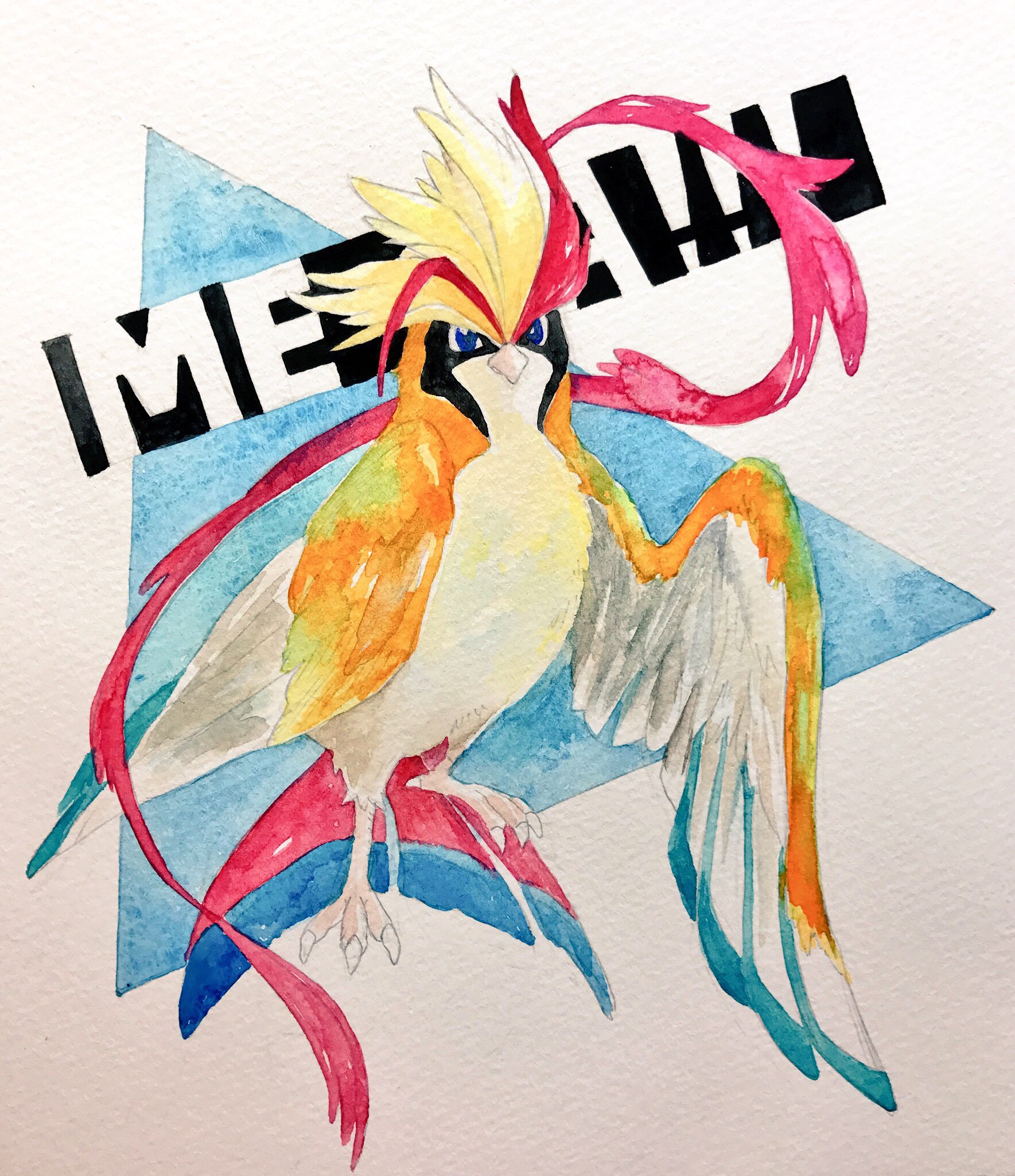 mint nappa, mega pidgeot, pidgeot, nintendo, pokemon, commentary, highres, painting (medium), traditional media, watercolor (medium), animal focus, bird, blue eyes, character name, full body, gen 1 pokemon, looking at viewer, mega pokemon, no humans, pokemon (creature), simple background, solo
