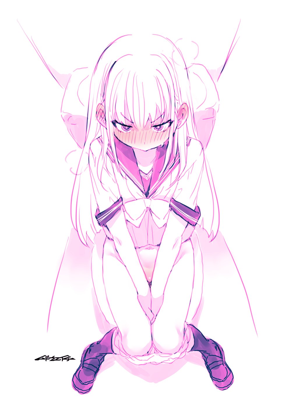 mudou eichi, original, commentary request, highres, 1girl, blush, bow, bowtie, ear blush, embarrassed, full-face blush, knees together feet apart, loafers, long hair, navel, panties, panty pull, pink sailor collar, purple eyes, purple shoes, purple socks, sailor collar, shirt, shoes, sitting, sketch, socks, solo, steam, steaming body, straight hair, toilet, toilet use, underwear, v-shaped eyebrows, white bow, white bowtie, white hair, white panties, white shirt, wispy bangs