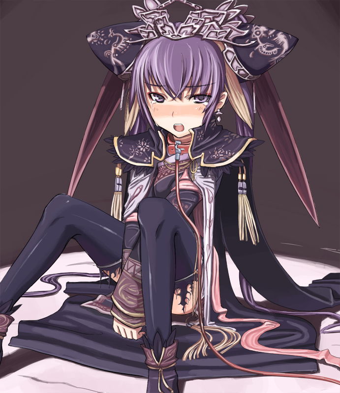 sessue, touhaku, sangokushi taisen, bad id, bad pixiv id, 1girl, black thighhighs, blush, chinese clothes, collar, female focus, leash, purple eyes, purple hair, sitting, solo, thighhighs