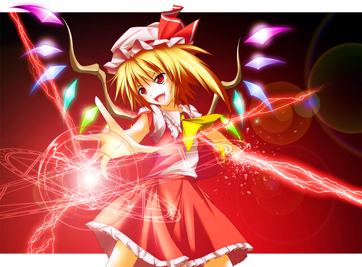 zb (dawn-blue), flandre scarlet, touhou, 1girl, blonde hair, female focus, foreshortening, gradient background, hat, laughing, lens flare, mob cap, red eyes, short hair, skirt, solo, wings