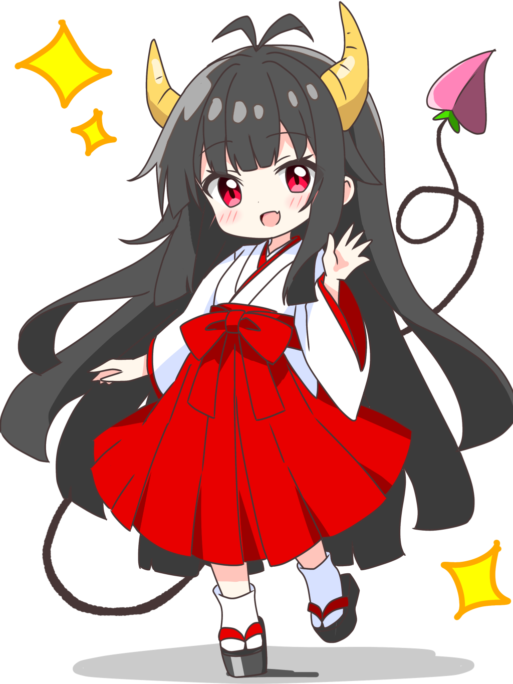 kotatsu-mazoku, original, commentary request, highres, 1girl, :d, black hair, black sandals, blunt bangs, blunt sidelocks, blush, demon girl, demon horns, demon tail, dot nose, fang, full body, hakama, hakama skirt, hand up, horns, japanese clothes, kimono, long hair, long sleeves, looking at viewer, miko, okobo, open mouth, platform sandals, red eyes, red hakama, sandals, sidelocks, simple background, skin fang, skirt, smile, solo, sparkle, standing, tabi, tail, very long hair, white background, white kimono, wide sleeves, yellow horns
