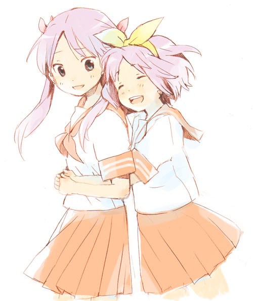 wakana (nagomoo), hiiragi kagami, hiiragi tsukasa, lucky star, bad id, bad pixiv id, 00s, 2girls, blue eyes, blush, closed eyes, hug, multiple girls, purple hair, ribbon, school uniform, serafuku, short hair, siblings, sisters, skirt, smile, twins, twintails