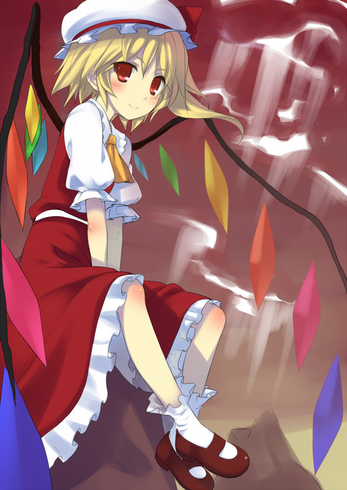 doriruman, flandre scarlet, touhou, 1girl, blonde hair, blouse, brown shoes, cloud, dress, female focus, from side, gradient background, hair between eyes, hat, mob cap, outdoors, red eyes, shirt, shoes, short hair, sky, smile, socks, solo, white hat, white shirt, white socks, wings