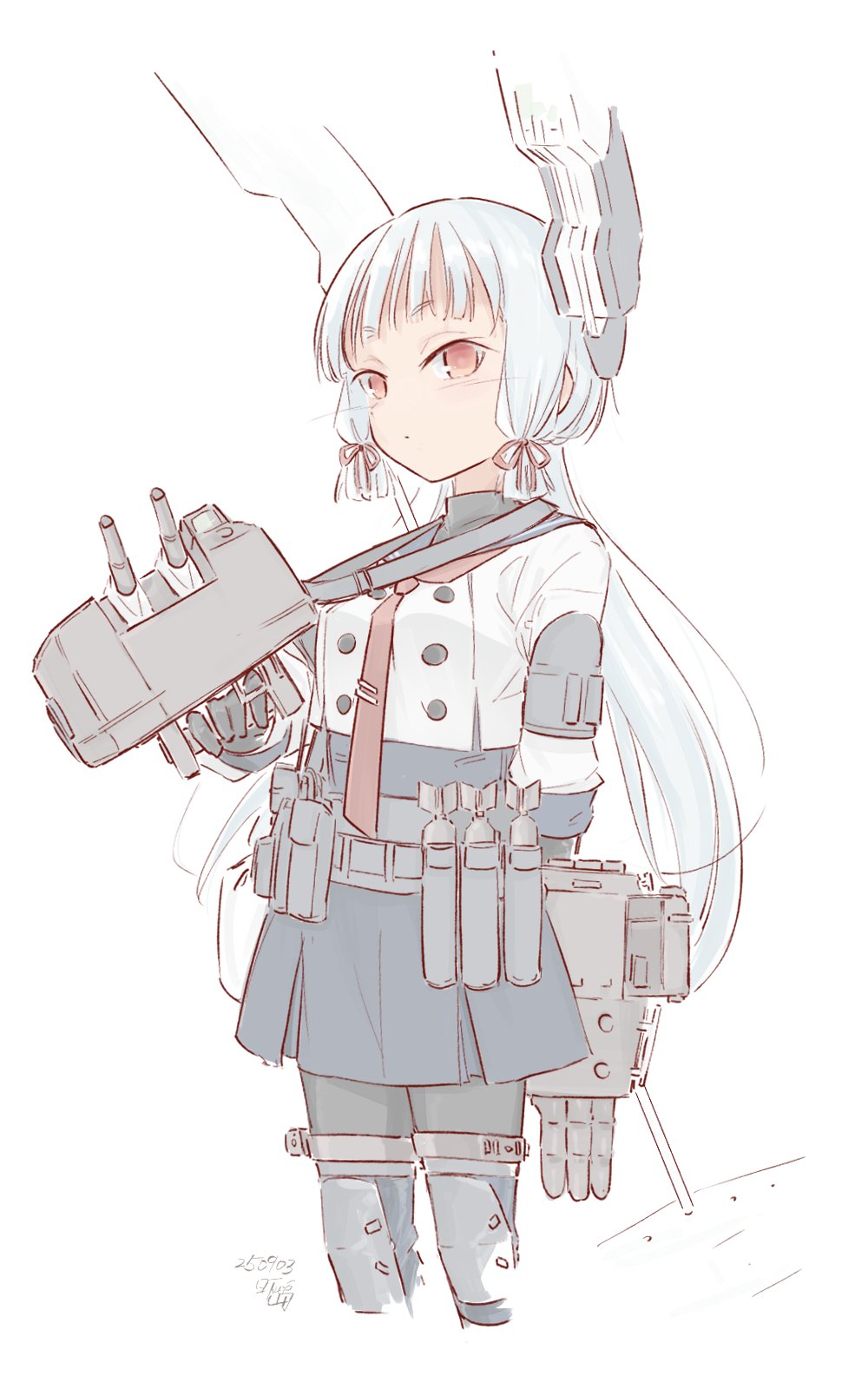 hikashima (shiofune), murakumo (kancolle), kantai collection, highres, 1girl, adapted turret, alternate costume, belt, black pantyhose, black sailor collar, black skirt, dress, floating headgear, grey hair, hair ribbon, headgear, long hair, necktie, orange eyes, pantyhose, pleated dress, red necktie, ribbon, sailor collar, sailor shirt, school uniform, serafuku, shirt, simple background, skirt, solo, tactical clothes, torpedo launcher, tress ribbon, utility belt, white background, white shirt