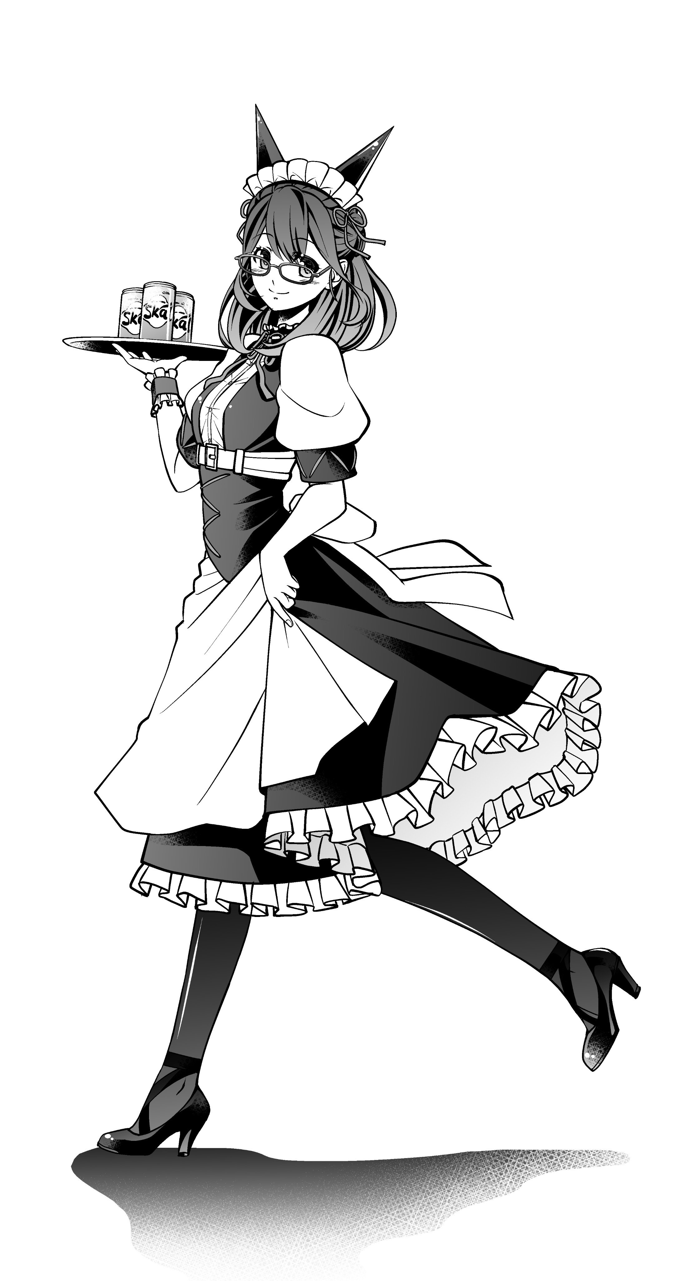 eibon, senomiya akiho, robotics;notes, science adventure, steins;gate, absurdres, highres, 1girl, alternate costume, animal ears, apron, black pantyhose, cat ears, cup, dress, enmaided, frilled apron, frills, full body, glasses, greyscale, high heels, holding, holding tray, looking at viewer, maid, maid apron, maid headdress, mary janes, mayqueen maid uniform, monochrome, pantyhose, puffy short sleeves, puffy sleeves, shoes, short sleeves, simple background, skal, smile, solo, standing, tail, tray, waist apron, white background, wrist cuffs