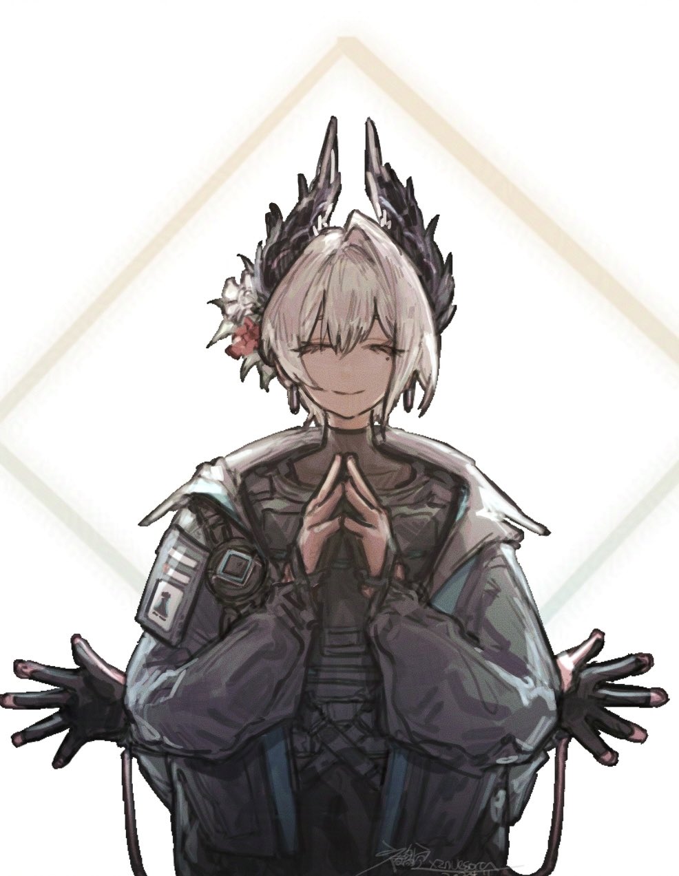 xznuesora, raidian (arknights), arknights, commentary, highres, 1girl, bird girl, black feathers, black gloves, cable, closed eyes, dark-skinned female, dark skin, extra arms, feathers, flower, gloves, grey hair, hair flower, hair ornament, head wings, jacket, mole, mole under eye, pink gloves, short hair, smile, solo, steepled fingers, two-tone gloves, white background, wings