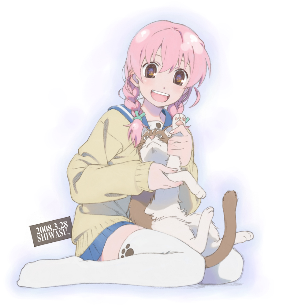 shiwasu takashi, original, bad id, bad pixiv id, 1girl, braid, cat, feet, female focus, hair over shoulder, pink hair, school uniform, serafuku, skirt, smile, solo, tabby cat, thighhighs, twin braids