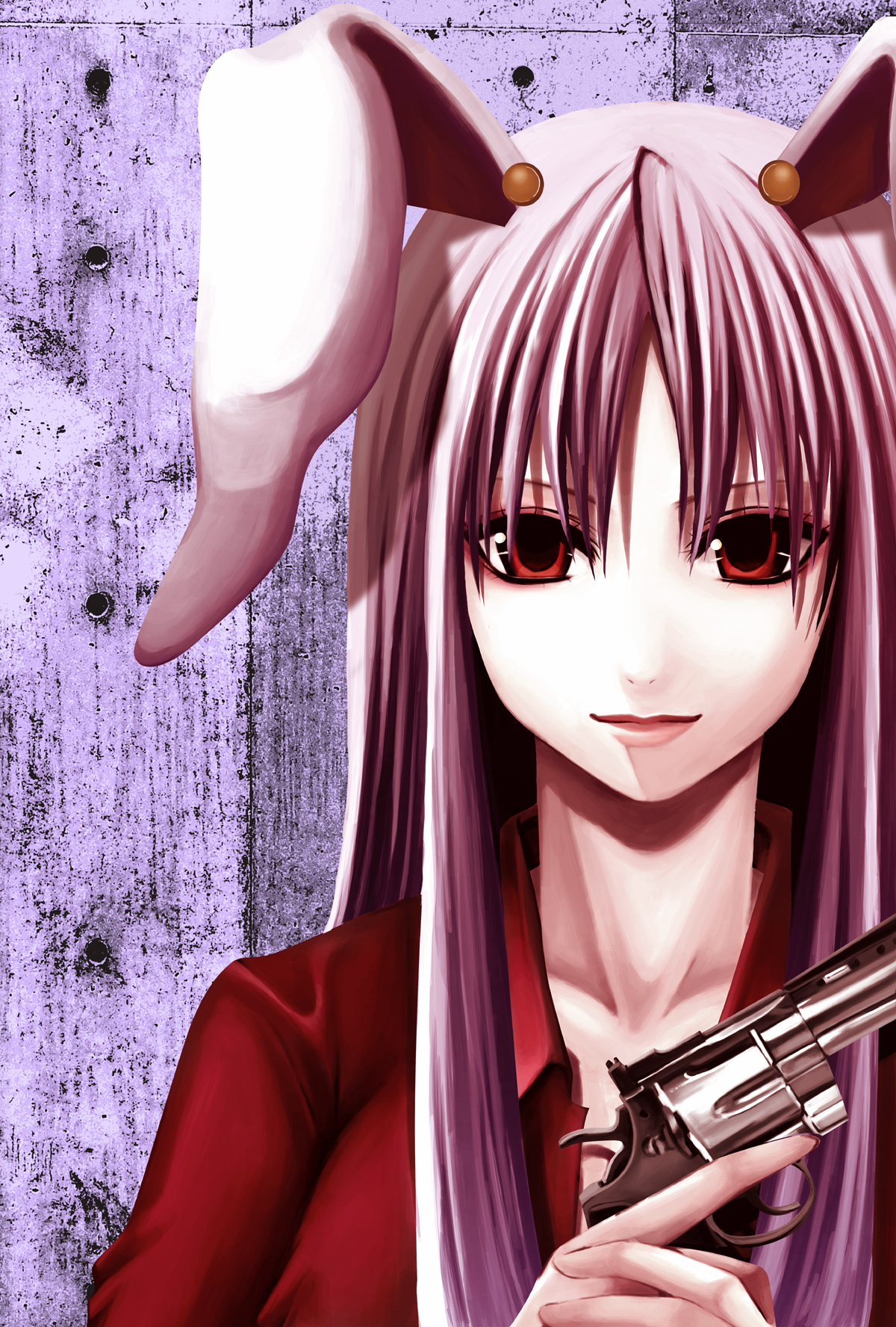 nonoko, yuuka nonoko, reisen udongein inaba, touhou, highres, 1girl, animal ears, female focus, gun, handgun, happy, long hair, pistol, rabbit ears, red eyes, revolver, solo, weapon