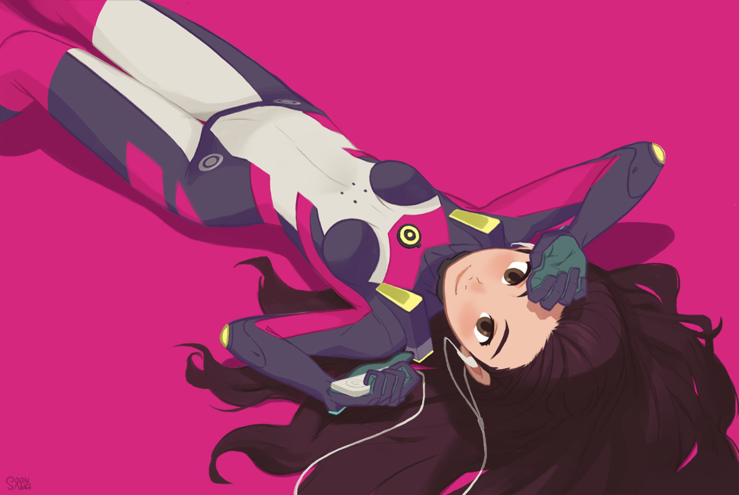 hong soon-sang, original, commentary, english commentary, 1girl, artist name, black hair, brown eyes, cable, earphones, long hair, looking at viewer, lying, mecha pilot suit, on back, skin tight, solo