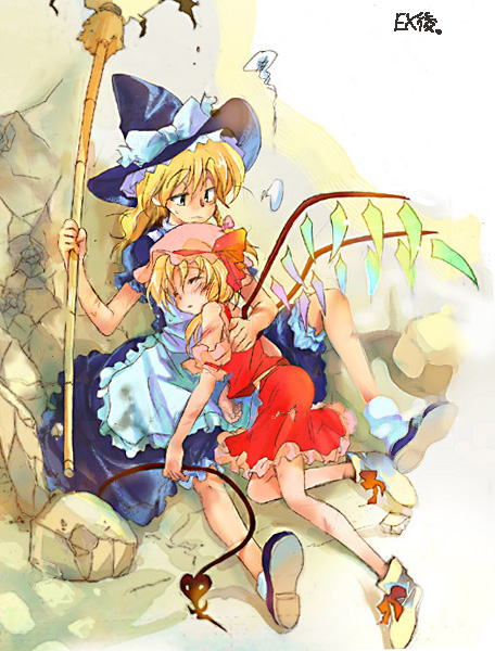 araimun, flandre scarlet, kirisame marisa, touhou, white legwear, 2girls, blonde hair, blouse, braid, broom, crack, cracked wall, female focus, full body, hat, mob cap, multiple girls, raised eyebrows, ribbon, shirt, side braid, sitting, skirt, socks, torn clothes, torn shirt, torn skirt, wings, witch, witch hat