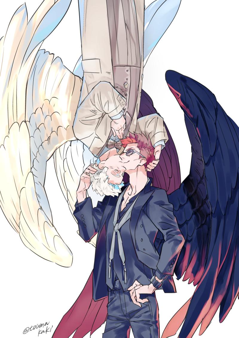 dasshu (dashi now), aziraphale (good omens), crowley (good omens), good omens, commentary request, 2boys, adam's apple, black jacket, black pants, black wings, bow, bowtie, brown coat, coat, feathered wings, jacket, kiss, long sleeves, male focus, multiple boys, pants, plaid bow, plaid bowtie, plaid clothes, red hair, rotational symmetry, simple background, sunglasses, twitter username, watch, white background, white wings, wings, wristwatch, yaoi