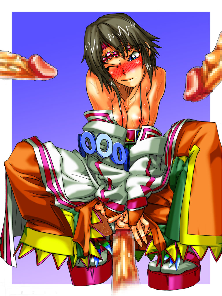 aozoraichi, ruby (saga), saga, square enix, unlimited saga, 1girl, blue background, blue eyes, blush, censored, gradient background, group sex, hetero, large penis, mosaic censoring, one eye closed, penis, sex, short hair, simple background, squatting, vaginal
