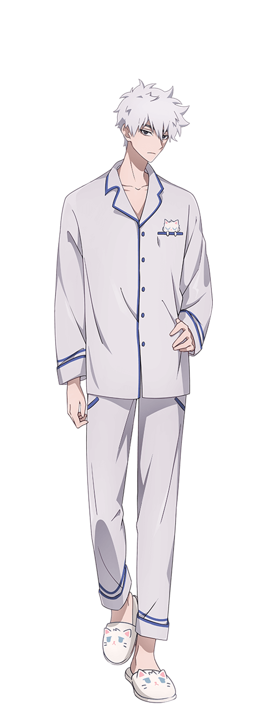 inplick, lu guang, shiguang dailiren, highres, official art, 1boy, animal slippers, anime coloring, closed mouth, collarbone, collared shirt, full body, grey eyes, hair between eyes, hand on own hip, long sleeves, looking at viewer, male focus, pants, shirt, short hair, simple background, slippers, solo, standing, tachi-e, transparent background, tsurime, white hair, white pants, white shirt, white slippers