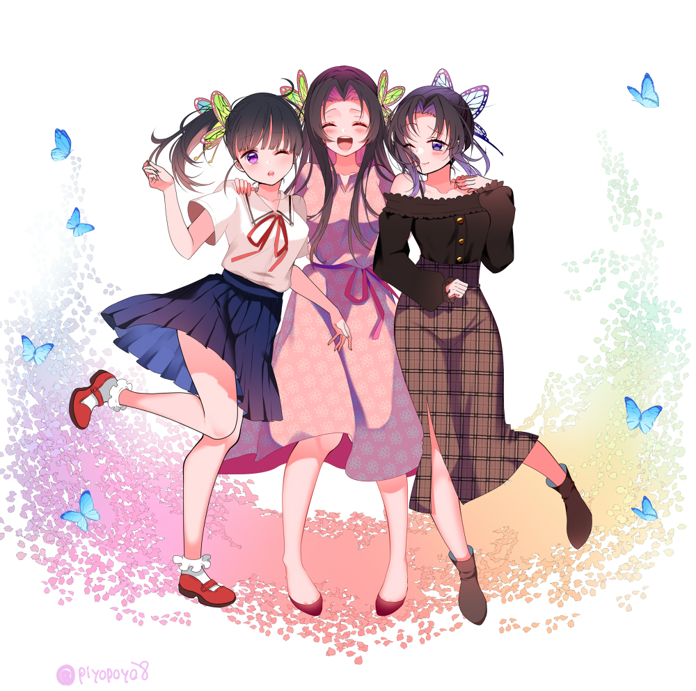 piyopoyo, kochou kanae, kochou shinobu, tsuyuri kanao, kimetsu no yaiba, commentary request, 3girls, :d, ^ ^, alternate costume, bare legs, black hair, blue butterfly, blue skirt, blush, boots, breasts, brown boots, bug, butterfly, butterfly hair ornament, cherry blossoms, closed eyes, contemporary, dress, floral print, gradient hair, hair ornament, hug, insect, long hair, long sleeves, looking at another, looking at viewer, medium breasts, multicolored hair, multiple girls, neck ribbon, off-shoulder shirt, off shoulder, one eye closed, open mouth, parted bangs, petals, pink dress, pink hair, plaid clothes, plaid skirt, pleated skirt, purple eyes, purple hair, red ribbon, red shoes, ribbon, sailor collar, shirt, shoes, short hair, short sleeves, siblings, side ponytail, sisters, skirt, smile, socks, thighs, twitter username, two-tone hair, white background, white shirt
