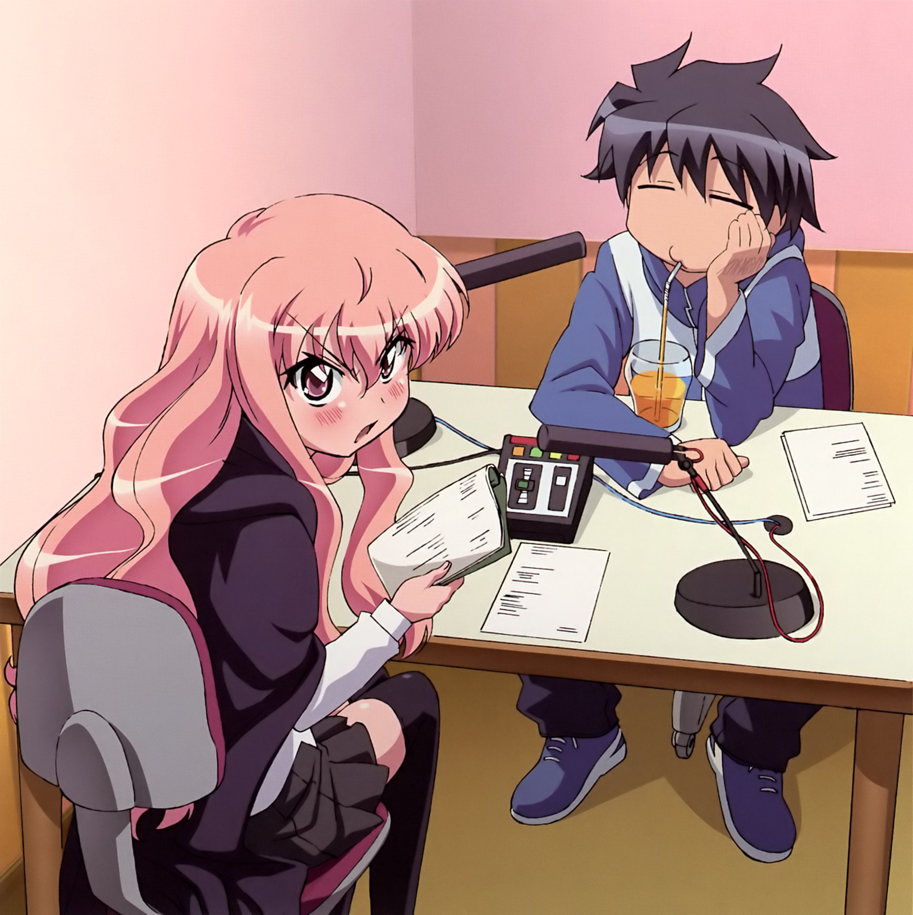 usatsuka eiji, hiraga saito, louise francoise le blanc de la valliere, zero no tsukaima, highres, 00s, 1boy, 1girl, angry, blush, closed eyes, drinking, long hair, microphone, microphone stand, pink eyes, pink hair, radio booth, sitting, table, thighhighs