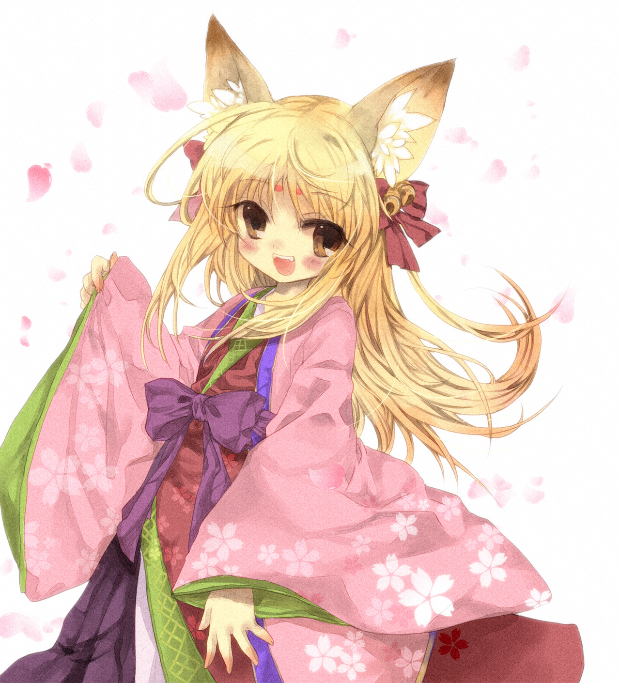 loki alma, emil chronicle online, highres, 1girl, animal ears, bell, blonde hair, breasts, fox ears, fox girl, hair bell, hair ornament, hair ribbon, japanese clothes, kimono, long hair, open mouth, petals, pink kimono, purple sash, red ribbon, ribbon, sash, small breasts, smile, solo, suguru1006, yellow eyes