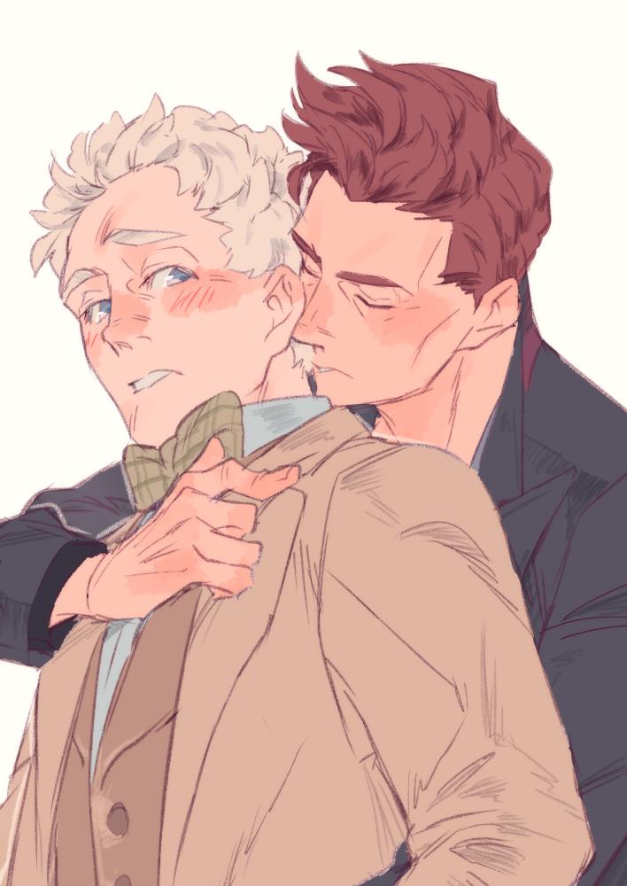 dasshu (dashi now), aziraphale (good omens), crowley (good omens), good omens, commentary request, 2boys, blue eyes, bow, bowtie, brown hair, brown jacket, hug, hug from behind, jacket, long sleeves, male focus, multiple boys, plaid bow, plaid bowtie, plaid clothes, short hair, sideburns, simple background, upper body, white background, yaoi