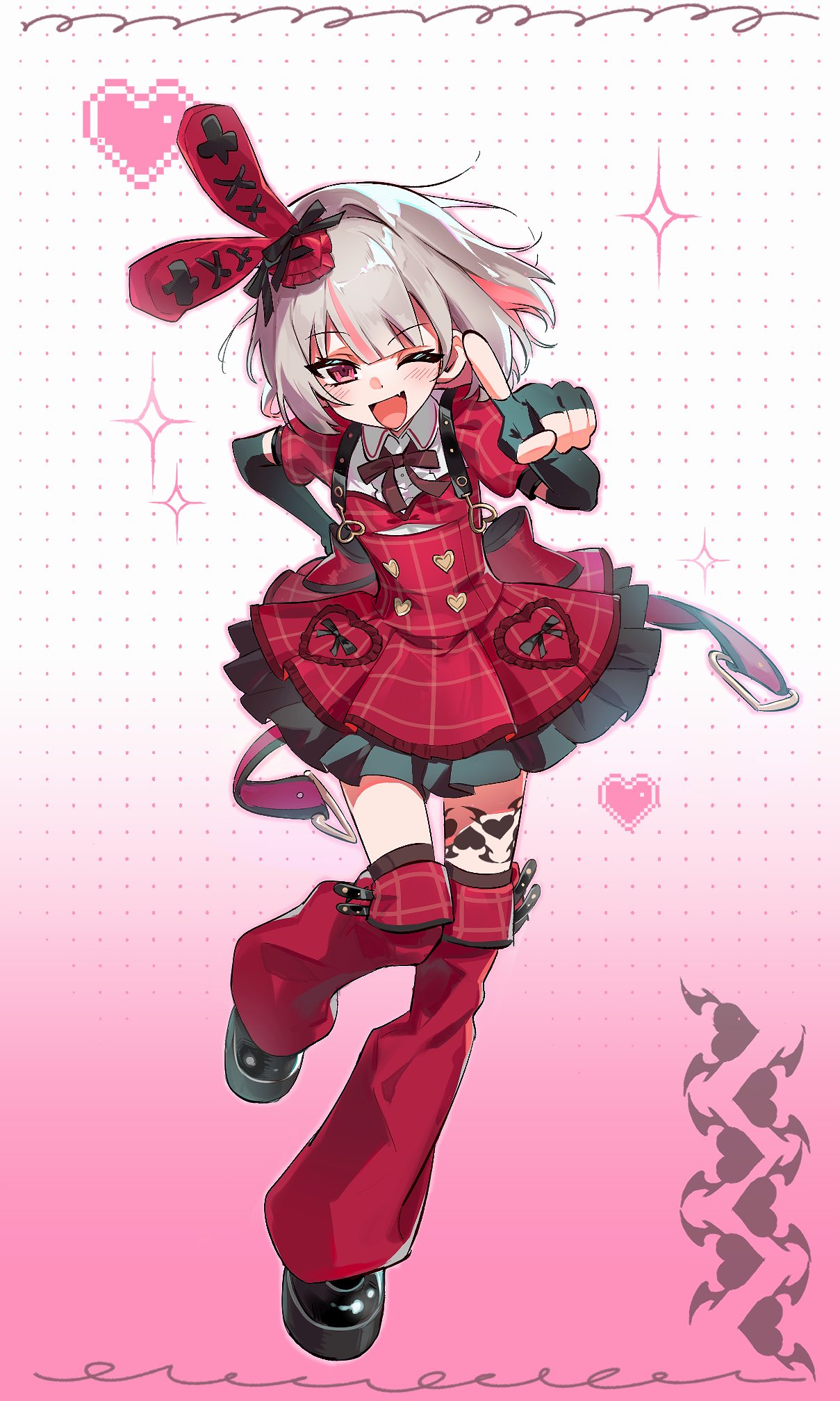 aliang4387, makaino ririmu, nijisanji, highres, 1girl, ;d, back bow, black bow, black gloves, black shoes, black sleeve cuffs, black thighhighs, blunt bangs, blush, bob cut, bow, bowtie, buttons, center frills, collar, colored inner hair, dress, elbow gloves, fang, fingerless gloves, floating hair, frilled dress, frills, full body, gloves, gradient background, grey hair, hand on own hip, hat, hat bow, heart, heart button, heart o-ring, idol clothes, layered dress, leg tattoo, leg warmers, looking at viewer, medium hair, mini hat, multicolored hair, o-ring, official alternate costume, official alternate hairstyle, one eye closed, open mouth, pink background, pink hair, plaid clothes, plaid dress, plaid sleeves, platform shoes, pointing, pointing at viewer, polka dot, polka dot background, puffy short sleeves, puffy sleeves, rabbit ear headwear, red bow, red bowtie, red dress, red eyes, red leg warmers, red sleeves, shoes, short dress, short sleeves, shoulder strap, skin fang, smile, solo, standing, standing on one leg, streaked hair, tattoo, thighhighs, virtual youtuber, white background, white collar, winged heart, winged heart tattoo