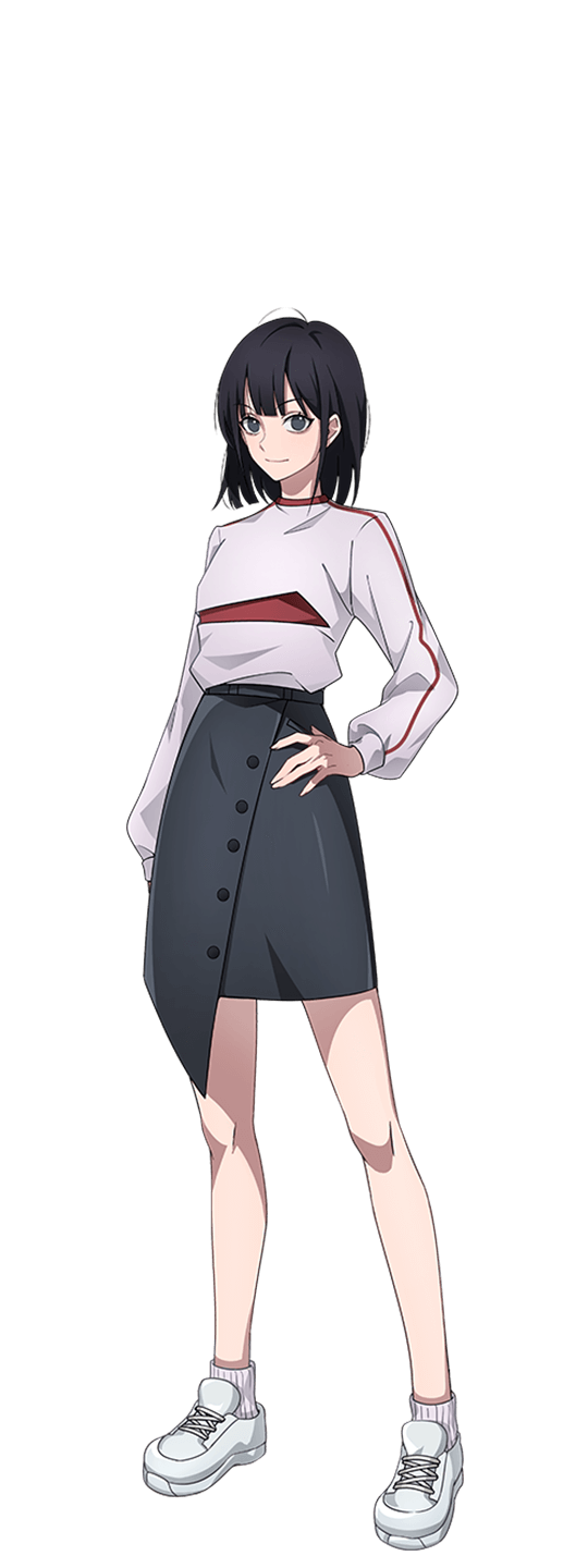 inplick, qiao ling, shiguang dailiren, highres, official art, 1girl, anime coloring, black hair, breasts, closed mouth, full body, grey eyes, grey skirt, hand on own hip, long sleeves, looking at viewer, medium breasts, medium hair, shirt, shoes, simple background, skirt, smile, socks, solo, standing, tachi-e, transparent background, two-tone shirt, v-shaped eyebrows, white shirt, white shoes, white socks