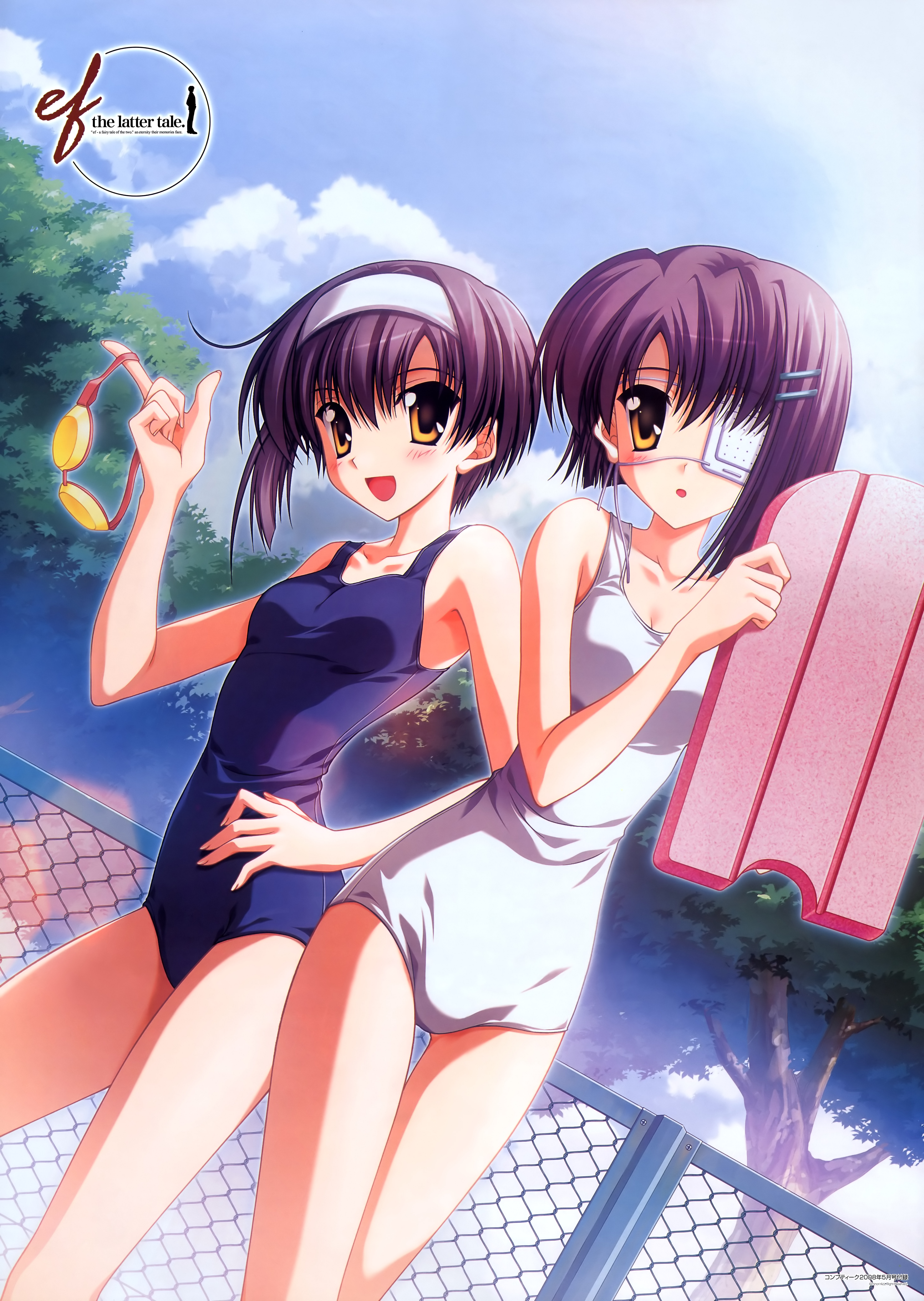 naru nanao, shindou chihiro, shindou kei (ef), ef ~a fairytale of the two~, ef ~a tale of memories~, absurdres, highres, 00s, 2girls, blue one-piece swimsuit, blush, breasts, chain-link fence, cloud, collarbone, eyepatch, fence, goggles, hair ornament, hairband, hairclip, hand on own hip, looking at viewer, multiple girls, one-piece swimsuit, open mouth, purple hair, school swimsuit, short hair, siblings, sisters, sky, small breasts, smile, swimsuit, tree, twins, unworn goggles, white one-piece swimsuit, yellow eyes