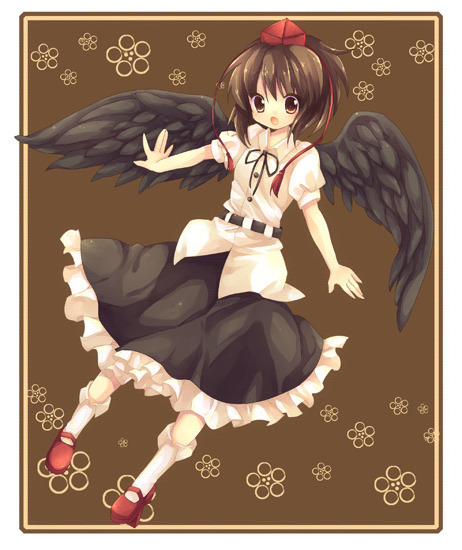 retei, shameimaru aya, touhou, bad id, bad pixiv id, 1girl, black wings, female focus, geta, hat, looking at viewer, smile, solo, tengu, tengu-geta, wings
