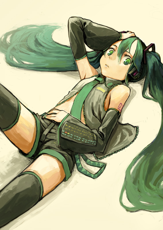 houru, hatsune miku, vocaloid, flat chest, green eyes, green hair, lying, necktie, solo, twintails