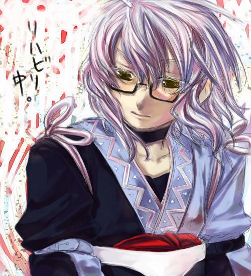 morichika rinnosuke, curiosities of lotus asia, touhou, silver hair, 1boy, glasses, male focus, short hair, solo, yellow eyes
