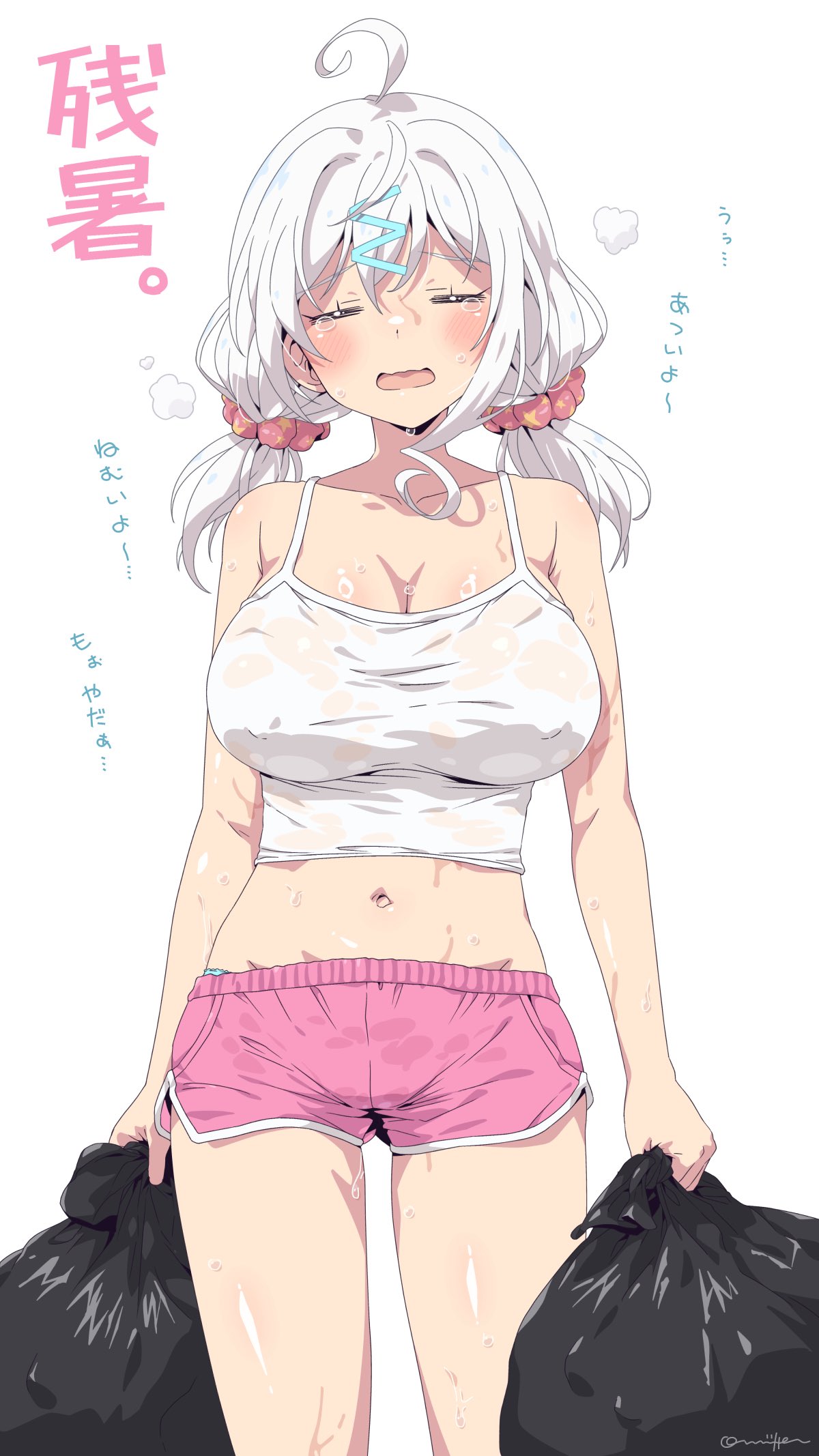 oomura karasu, original, commentary request, highres, translation request, 1girl, = =, ahoge, aqua panties, armpit crease, bag, bare shoulders, blush, breasts, camisole, cleavage, closed eyes, collarbone, covered erect nipples, cowboy shot, crop top, dolphin shorts, dot nose, groin, hair ornament, hair scrunchie, holding, holding bag, hot, large breasts, long hair, low twintails, midriff, navel, no bra, open mouth, panties, panty peek, pink scrunchie, pink shorts, print scrunchie, scrunchie, short shorts, shorts, simple background, single sidelock, solo, spaghetti strap, standing, steam, steaming body, straight-on, summer, sweat, tearing up, trash bag, twintails, underwear, very sweaty, w hair ornament, wavy mouth, wet, wet clothes, wet shorts, white background, white camisole, white hair