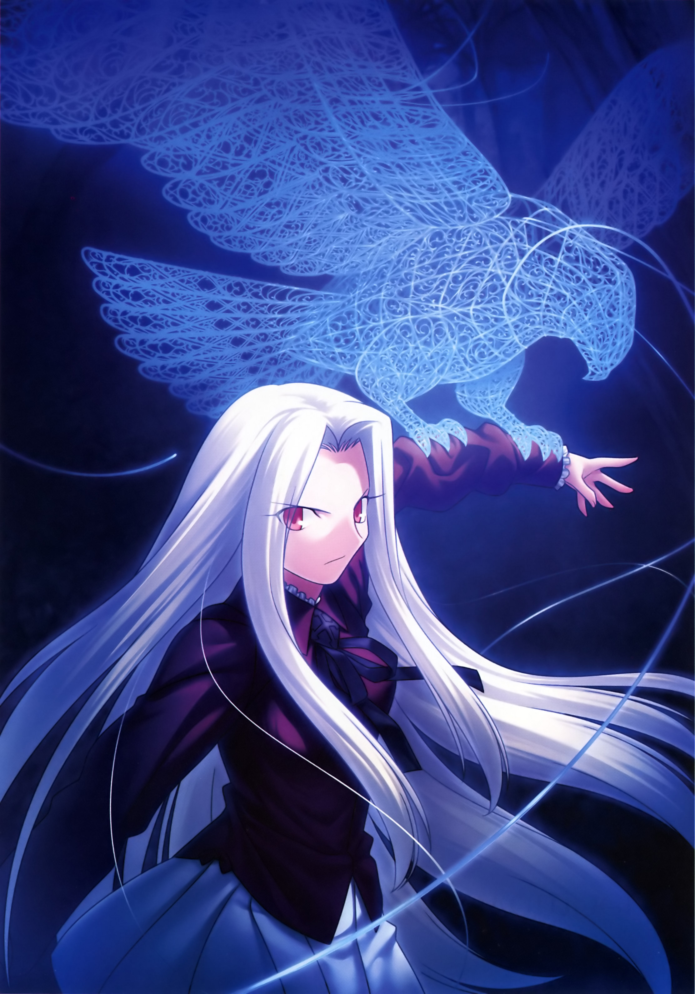 takeuchi takashi, irisviel von einzbern, fate/stay night, fate/zero, fate (series), type-moon, absurdres, highres, 00s, 1girl, albino, bird, blouse, collared shirt, cowboy shot, dark, female focus, hawk, long hair, magic, miniskirt, purple shirt, red eyes, shirt, skirt, solo, very long hair, white hair