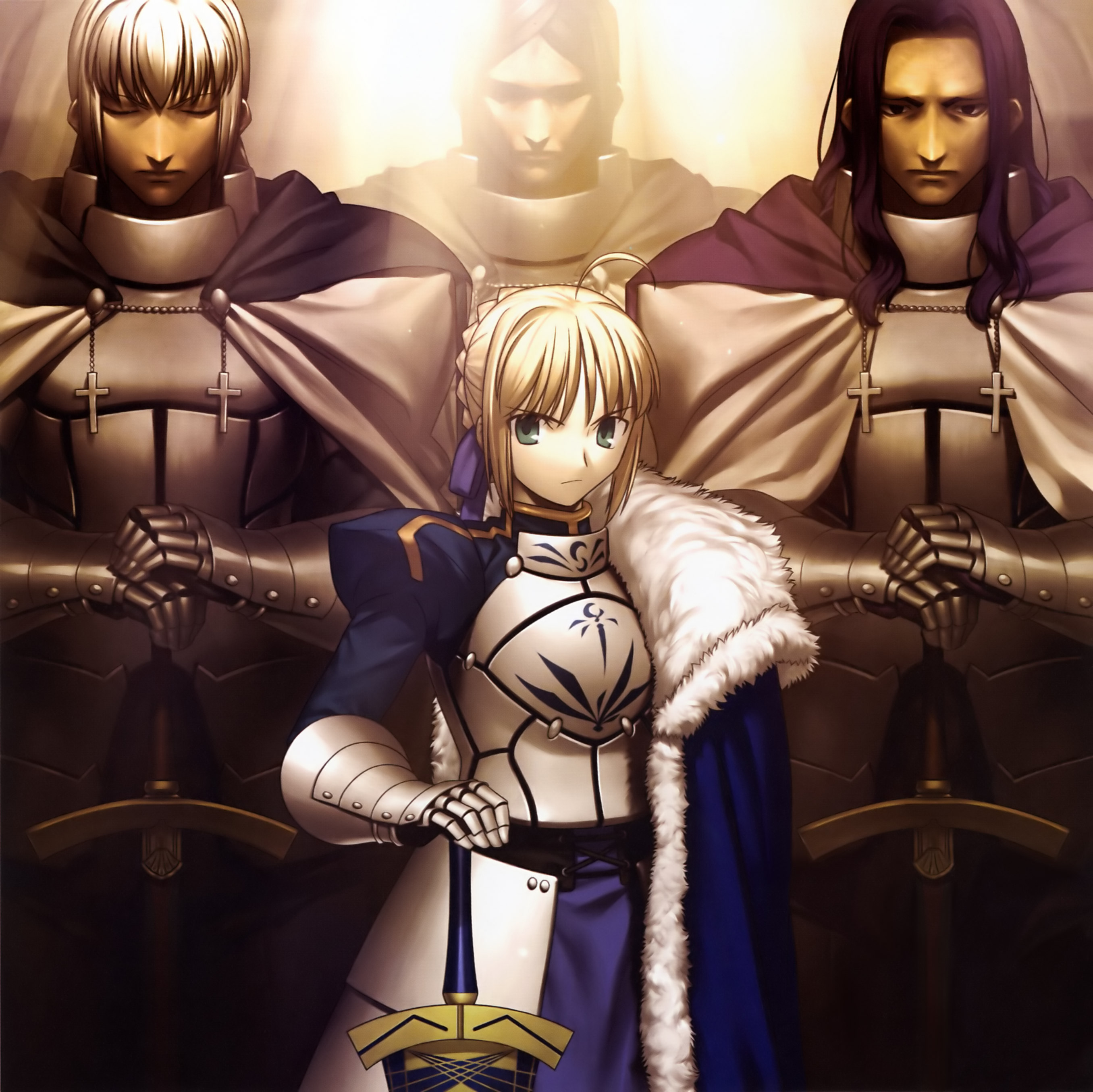 takeuchi takashi, artoria pendragon (fate), avalon (fate), bedivere (fate), berserker (fate/zero), gawain (fate), lancelot (fate/stay night), lancelot (fate/zero), saber (fate), fate/stay night, fate/zero, fate (series), fur, absurdres, highres, 00s, 1girl, 3boys, ahoge, armor, armored dress, blonde hair, braid, cape, closed eyes, cross, dress, excalibur (fate/stay night), gauntlets, green eyes, hair ribbon, hands on hilt, height difference, king, knight, looking at viewer, multiple boys, planted, planted sword, planted weapon, ribbon, sheath, sheathed, sword, weapon