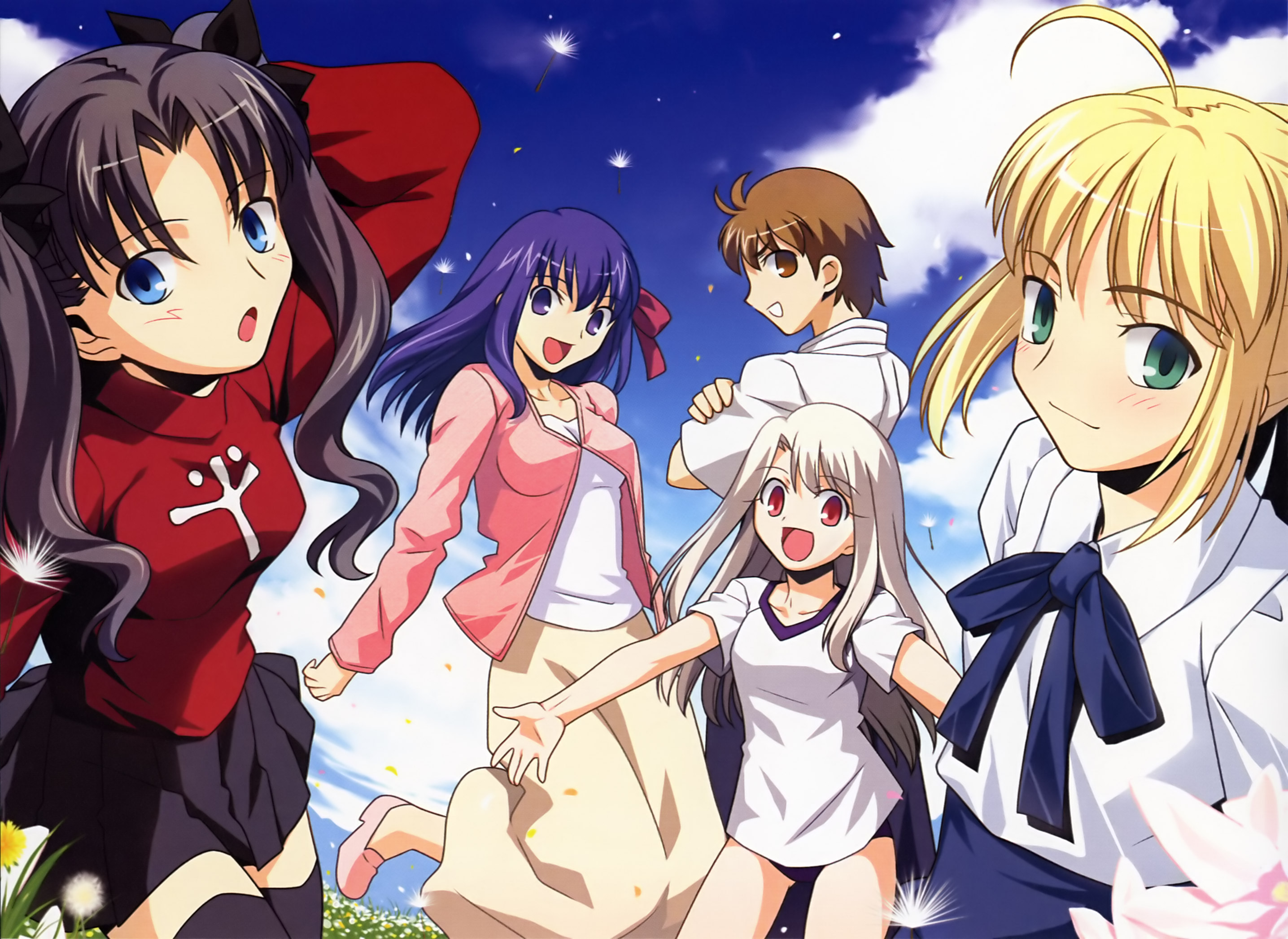 artoria pendragon (fate), fujimura taiga, illyasviel von einzbern, matou sakura, saber (fate), tohsaka rin, fate/stay night, fate (series), type-moon, artist request, highres, source request, tagme, 5girls, ahoge, black hair, blonde hair, bloomers, blue eyes, blush, breasts, brown eyes, brown hair, cardigan, cloud, female focus, gym uniform, hair ribbon, long hair, multiple girls, neck ribbon, purple eyes, purple hair, red eyes, ribbon, short hair, skirt, sky, thighhighs, twintails, underwear, white hair
