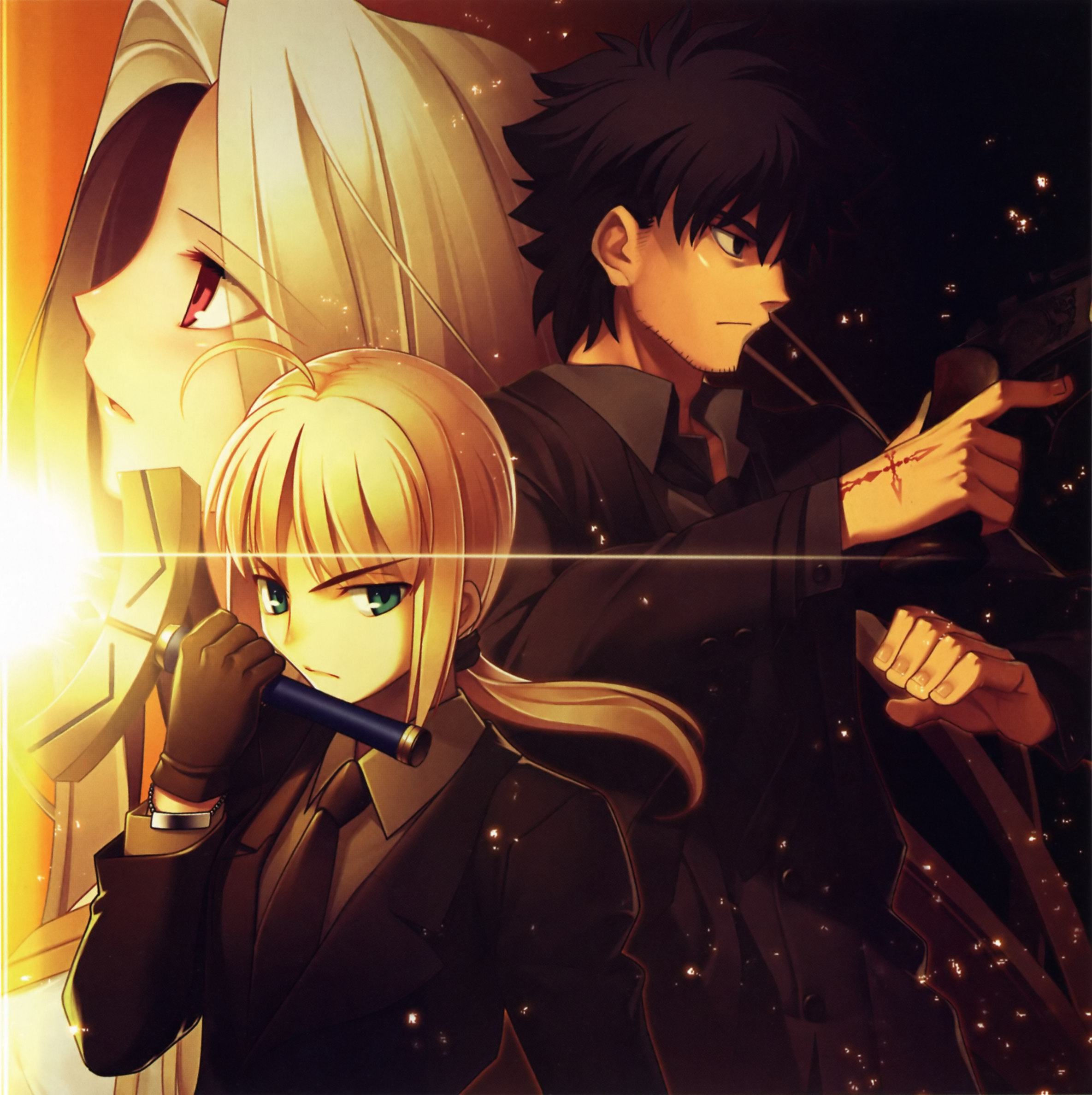 takeuchi takashi, artoria pendragon (fate), emiya kiritsugu, irisviel von einzbern, saber (fate), fate/stay night, fate/zero, fate (series), type-moon, highres, official art, scan, 00s, 1boy, 2girls, ahoge, black hair, blonde hair, cover, cover page, excalibur (fate/stay night), formal clothes, glowing, glowing sword, glowing weapon, green eyes, gun, long hair, low ponytail, multiple girls, necktie, pant suit, pants, ponytail, red eyes, serious, suit, sword, weapon, white hair