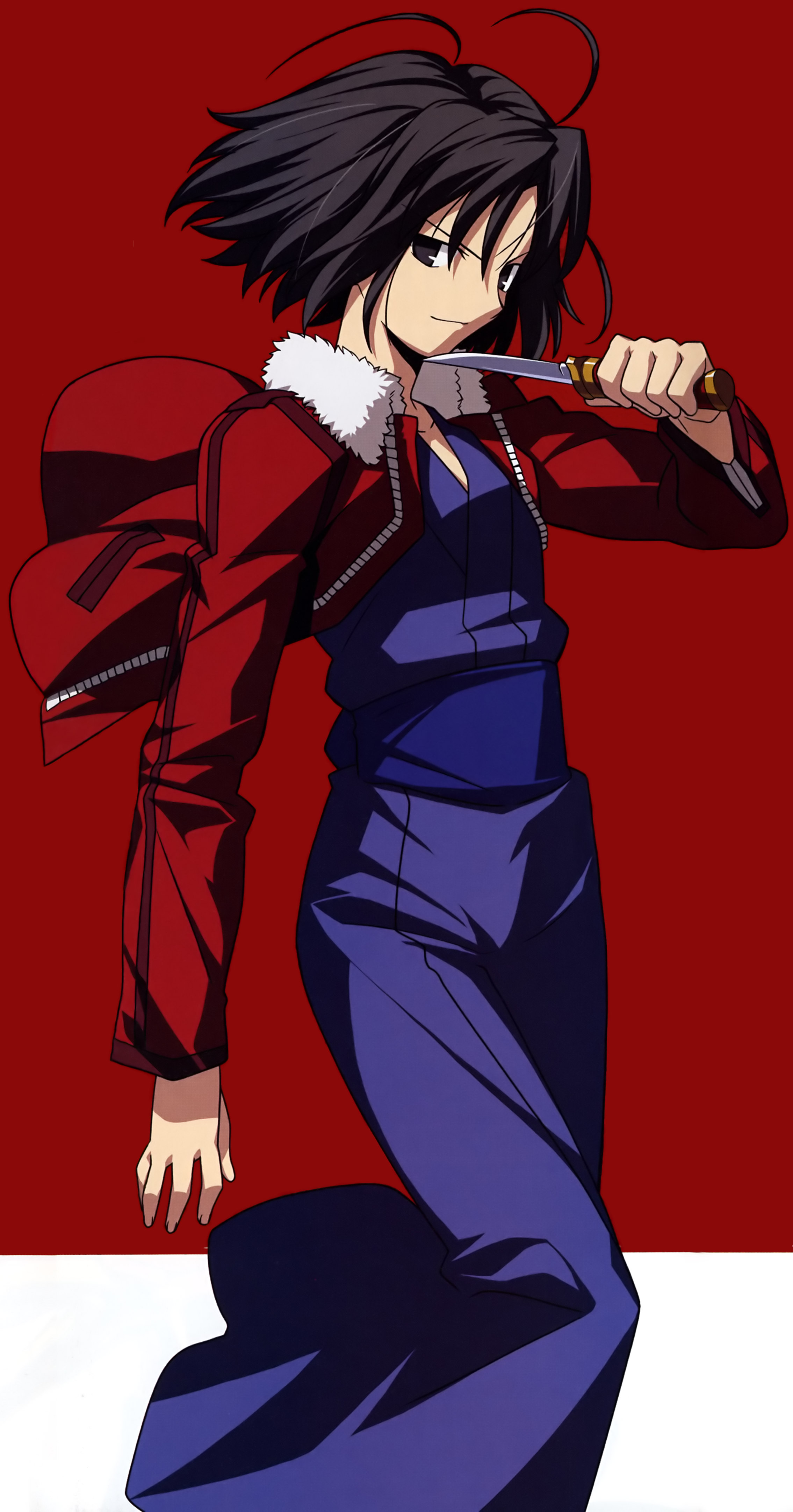 takeuchi takashi, ryougi shiki, kara no kyoukai, type-moon, absurdres, highres, 1girl, black hair, female focus, jacket, japanese clothes, kimono, knife, red jacket, short hair, solo