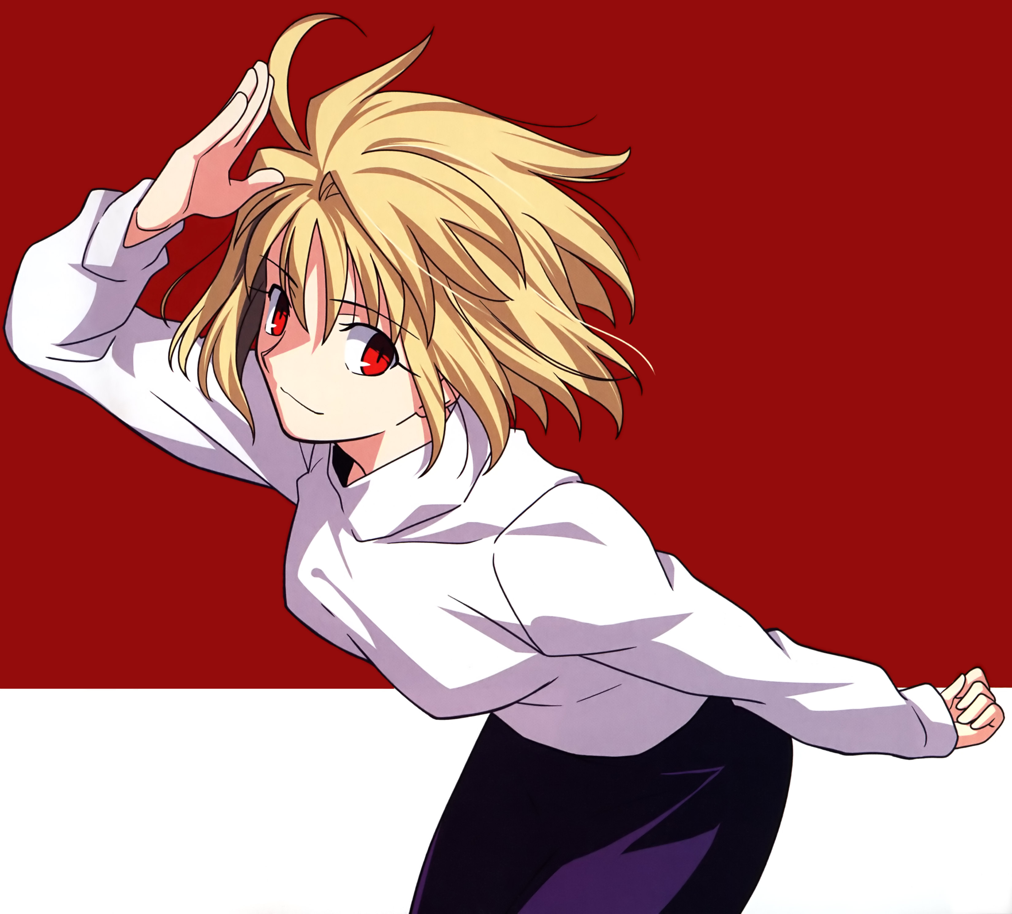 arcueid brunestud, tsukihime, type-moon, absurdres, highres, 00s, 1girl, blonde hair, female focus, purple skirt, red eyes, short hair, simple background, skirt, solo, sweater, white sweater