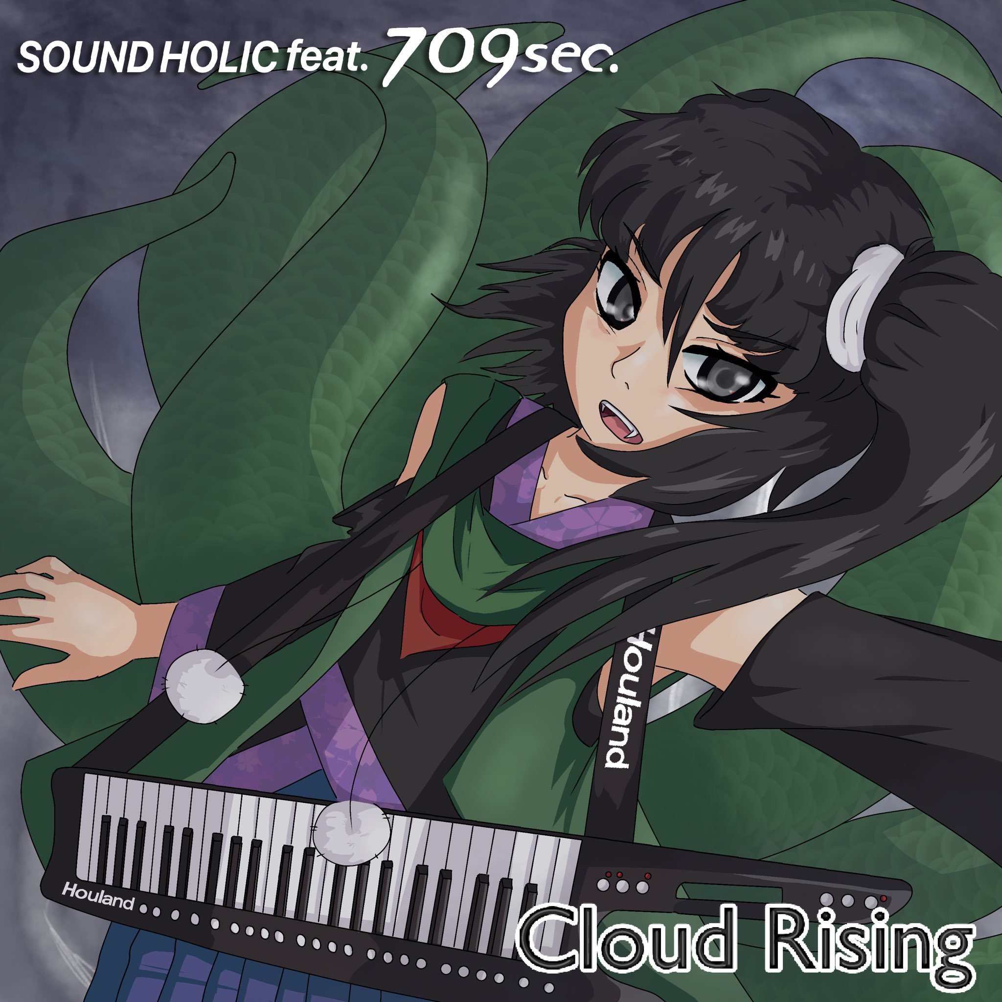 adagumo no yaorochi, len'en, sound holic, derivative work, highres, 1other, album cover redraw, androgynous, bare shoulders, black hair, black kimono, black sleeves, blue hakama, blunt bangs, circle name, cloud, cloudy sky, coat, cowboy shot, detached sleeves, determined, double-parted bangs, english text, fang, green coat, green scarf, grey eyes, hair between eyes, hair ornament, hair scrunchie, hakama, high side ponytail, instrument, japanese clothes, jinbaori, keyboard (instrument), kimono, leuconotopicus, long hair, long sleeves, looking at viewer, multiple tails, open mouth, other focus, outdoors, outstretched arm, pom pom (clothes), red scarf, scarf, scrunchie, short kimono, sky, sleeveless, sleeveless kimono, snake tail, solo, tail, teeth, title, upper teeth only, very long hair, white scrunchie
