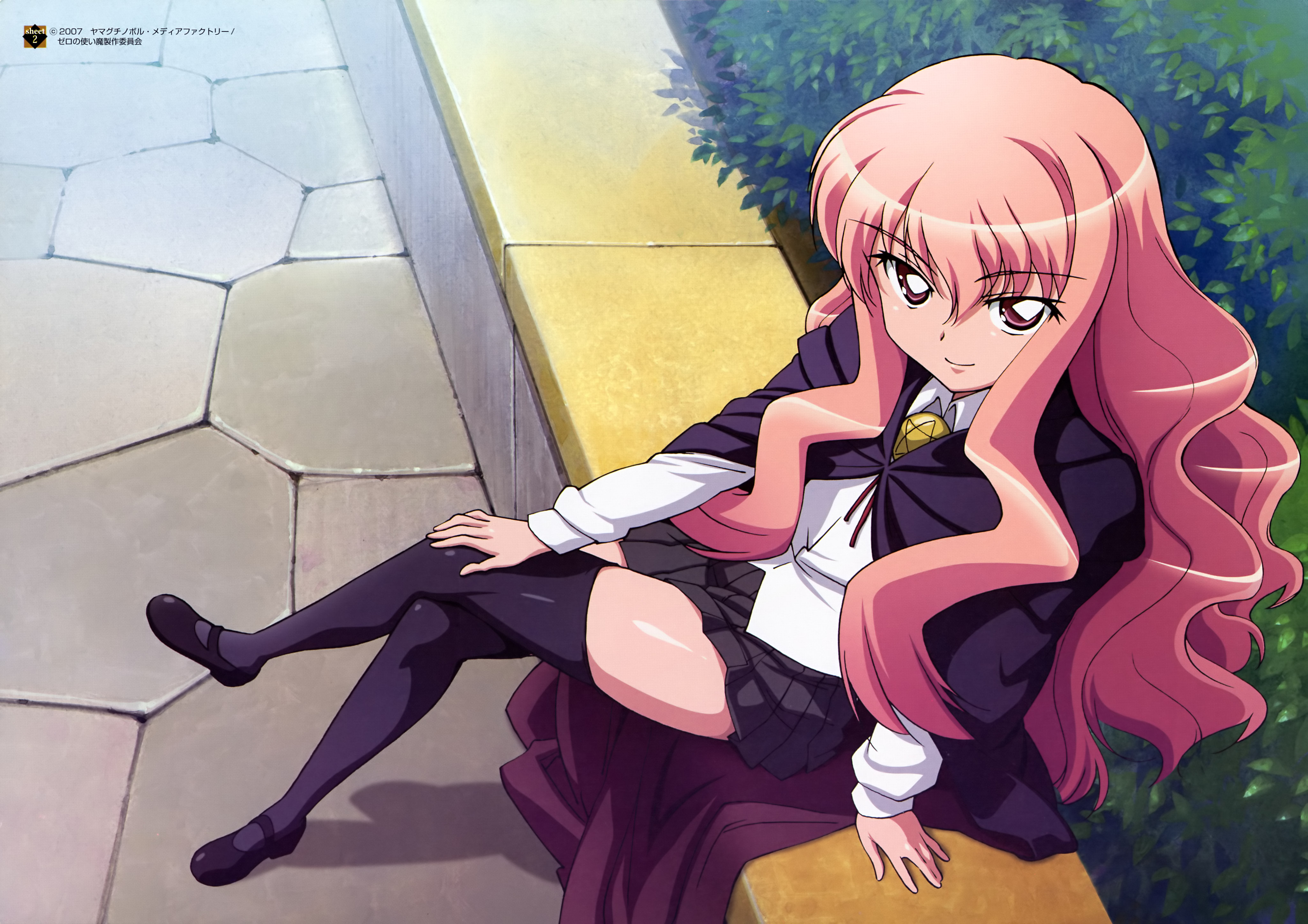 usatsuka eiji, louise francoise le blanc de la valliere, zero no tsukaima, absurdres, highres, official art, 00s, 1girl, blouse, brooch, cape, crossed legs, female focus, from above, jewelry, loafers, long hair, pink eyes, pink hair, shirt, shoes, sitting, skirt, smile, solo, thighhighs