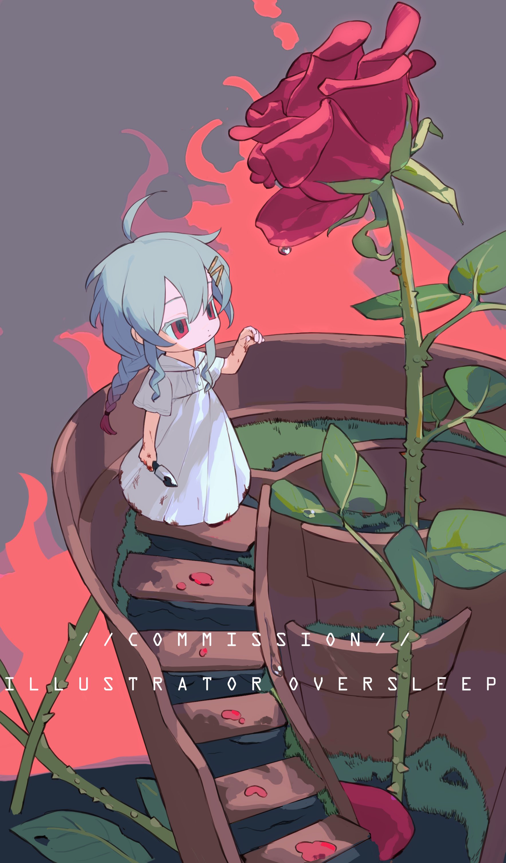 oversleep, original, absurdres, highres, 1girl, ahoge, blue hair, braid, chibi, chibi only, dress, flower, hair between eyes, hair ornament, hairclip, holding, holding knife, knife, long dress, long hair, petals, plant, red eyes, red flower, red rose, rose, short sleeves, solo, stairs, standing, thorns, vines, white dress