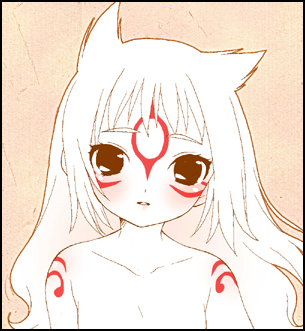 loverial+phantom, mochiya marosuke, amaterasu (ookami), phantom, ookami (game), lowres, 1girl, animal ears, bare shoulders, blush, female focus, personification, red eyes, solo, tattoo, white hair