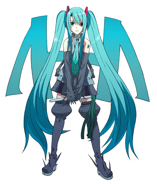 fujii toshiaki, hatsune miku, vocaloid, bad id, bad pixiv id, green eyes, green hair, long hair, necktie, solo, spring onion, twintails, very long hair
