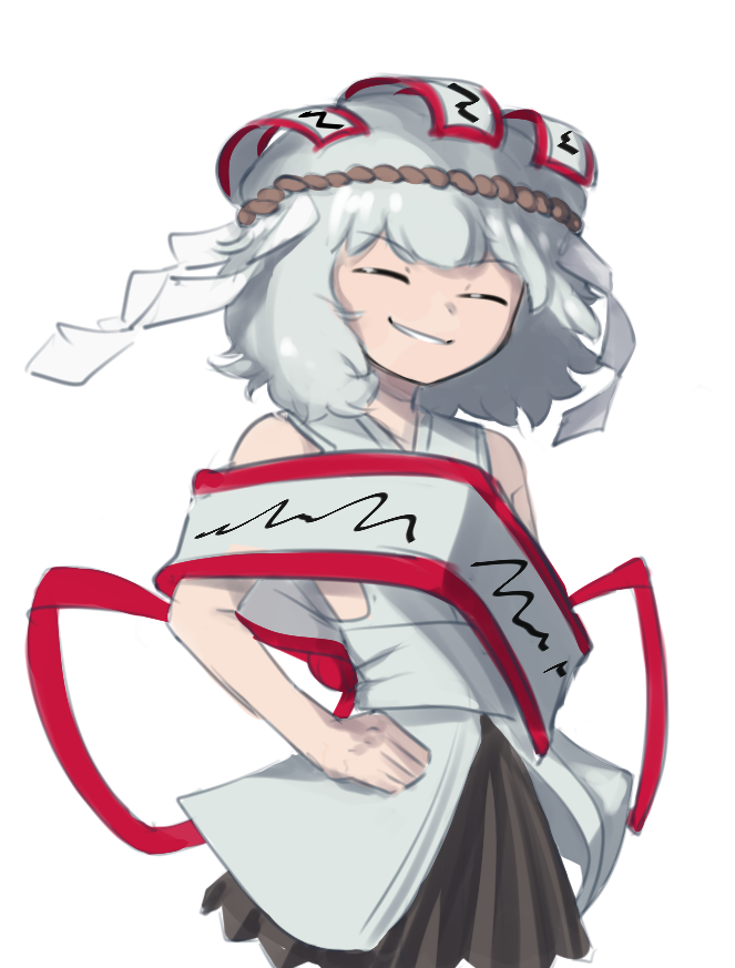 sifserf, celeritas lumen, len'en, commentary, english commentary, 1other, ^ ^, androgynous, back ribbon, bare shoulders, black hakama, brown headband, closed eyes, cowboy shot, grin, hachimaki, hair between eyes, hakama, hakama short skirt, hakama skirt, happy, headband, japanese clothes, kimono, large ribbon, ofuda, ofuda on head, other focus, red ribbon, ribbon, sash, shide, short hair, short kimono, simple background, skirt, sleeveless, sleeveless kimono, smile, solo, standing, white background, white hair, white kimono, white sash