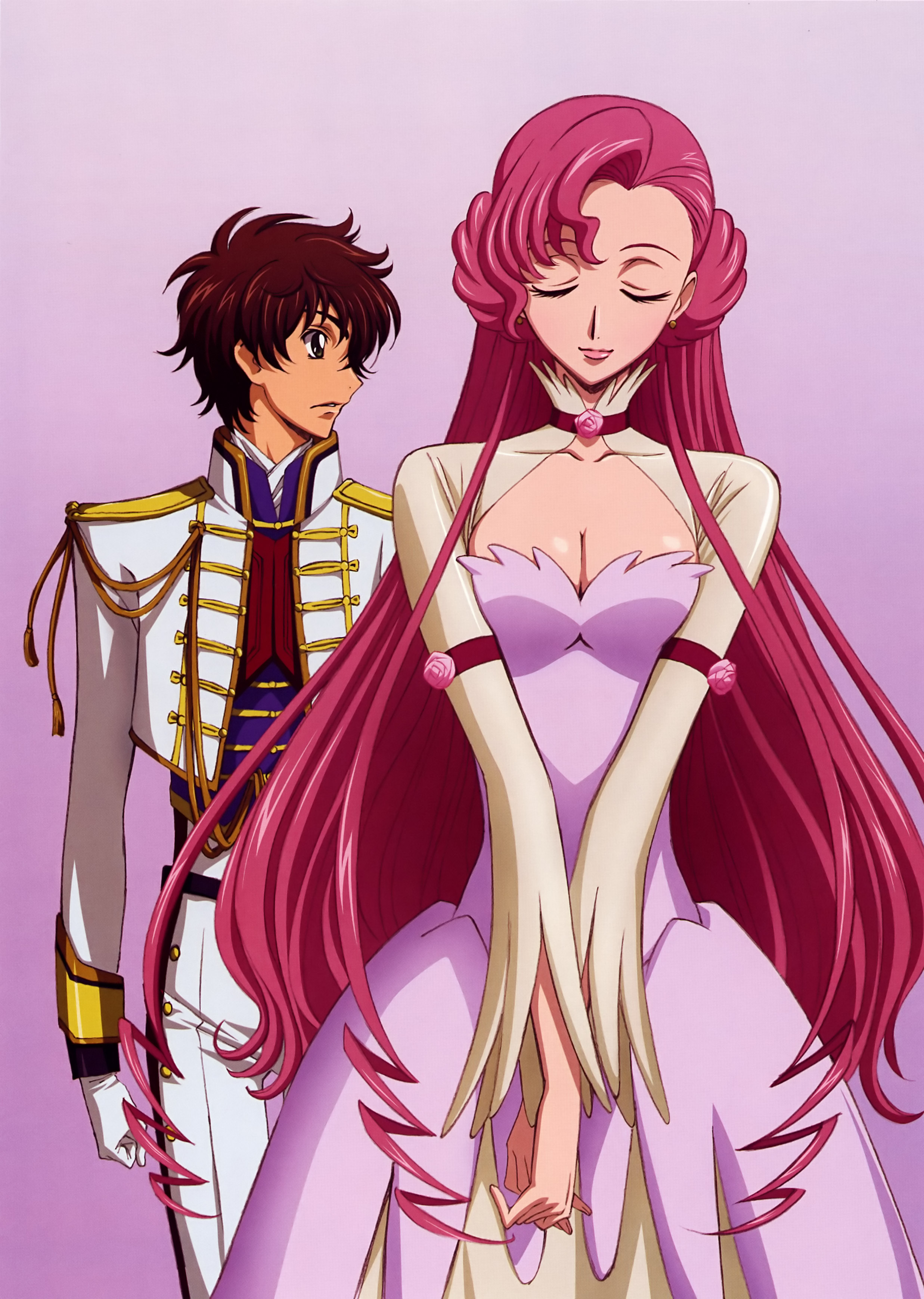 euphemia li britannia, code geass, absurdres, character request, highres, 00s, 1boy, 1girl, asymmetrical bangs, breasts, breasts squeezed together, brown hair, choker, cleavage, closed eyes, double bun, dress, facing viewer, flower, flower choker, formal clothes, gradient background, hair bun, long hair, looking to the side, pink flower, pink hair, purple background, purple dress, red choker, short hair, suit, very long hair
